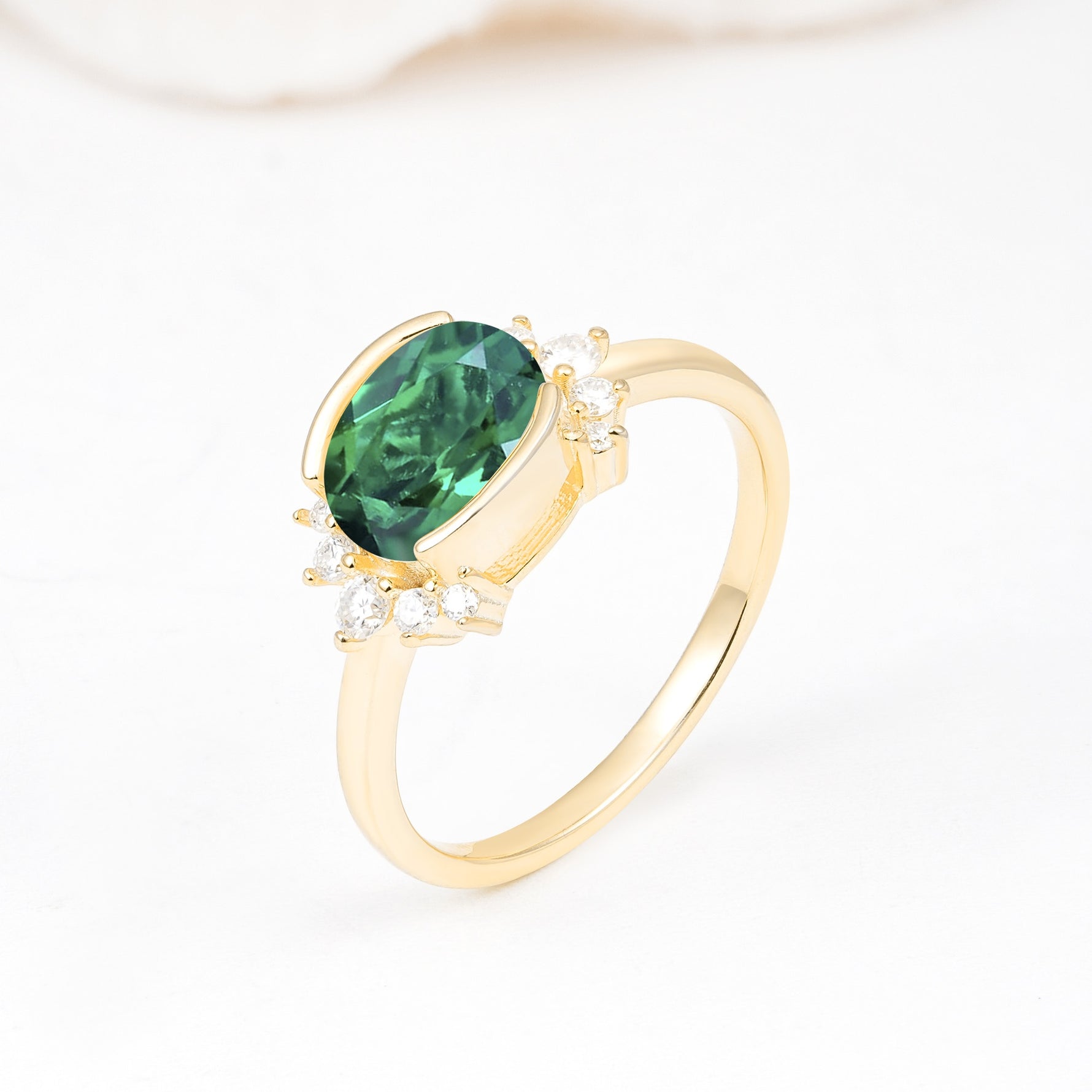 Timeless Oval Cut Bezel Frame Halo Emerald Engagement Ring - Additional view