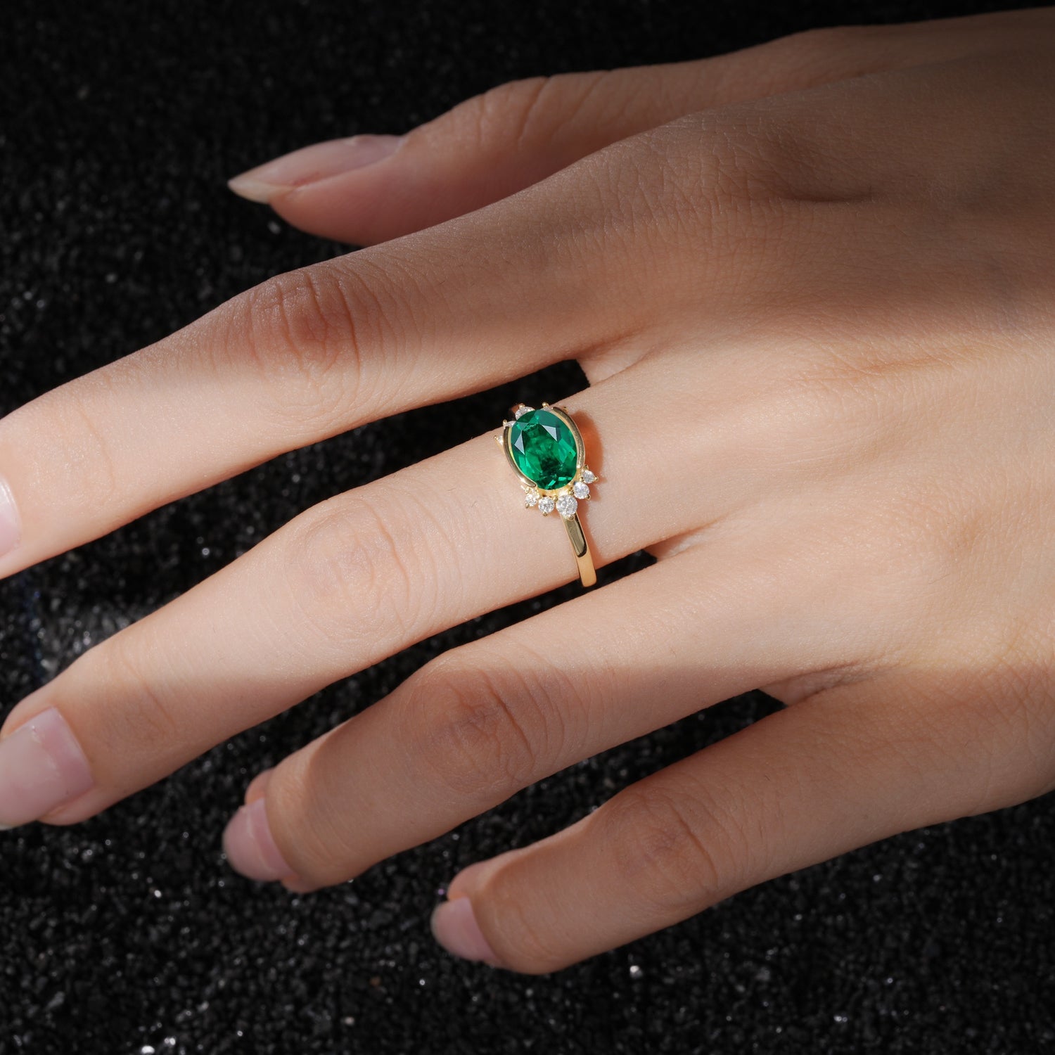 Timeless Oval Cut Bezel Frame Halo Emerald Engagement Ring - Additional view