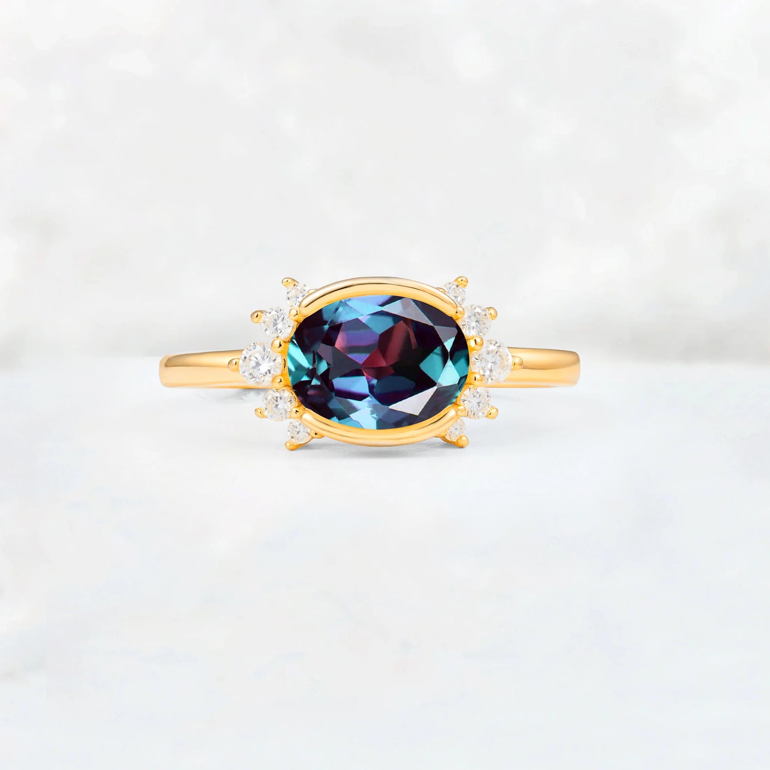 Timeless Oval Cut Bezel Frame Halo Alexandrite Engagement Ring