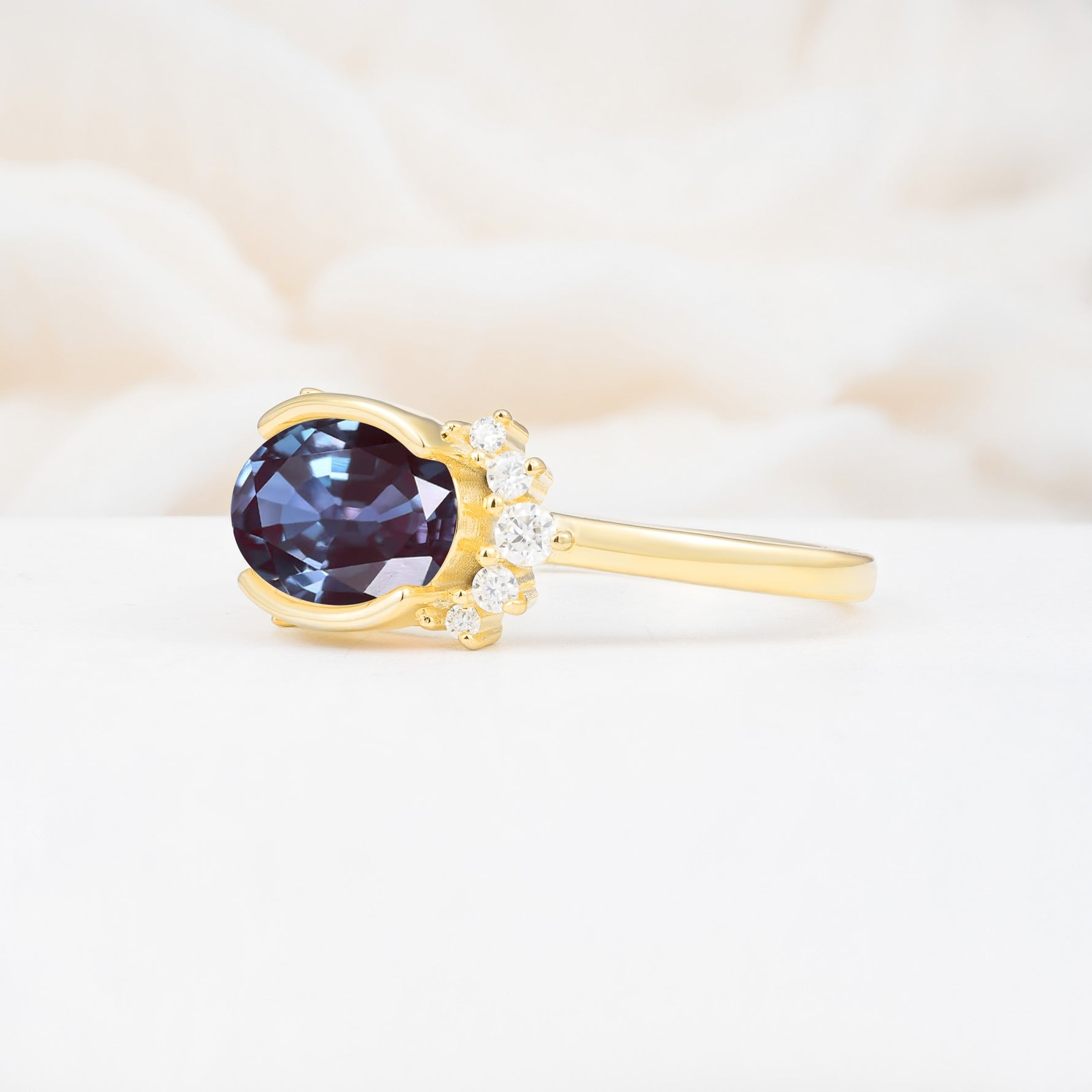 Timeless Oval Cut Bezel Frame Halo Alexandrite Engagement Ring - Additional view