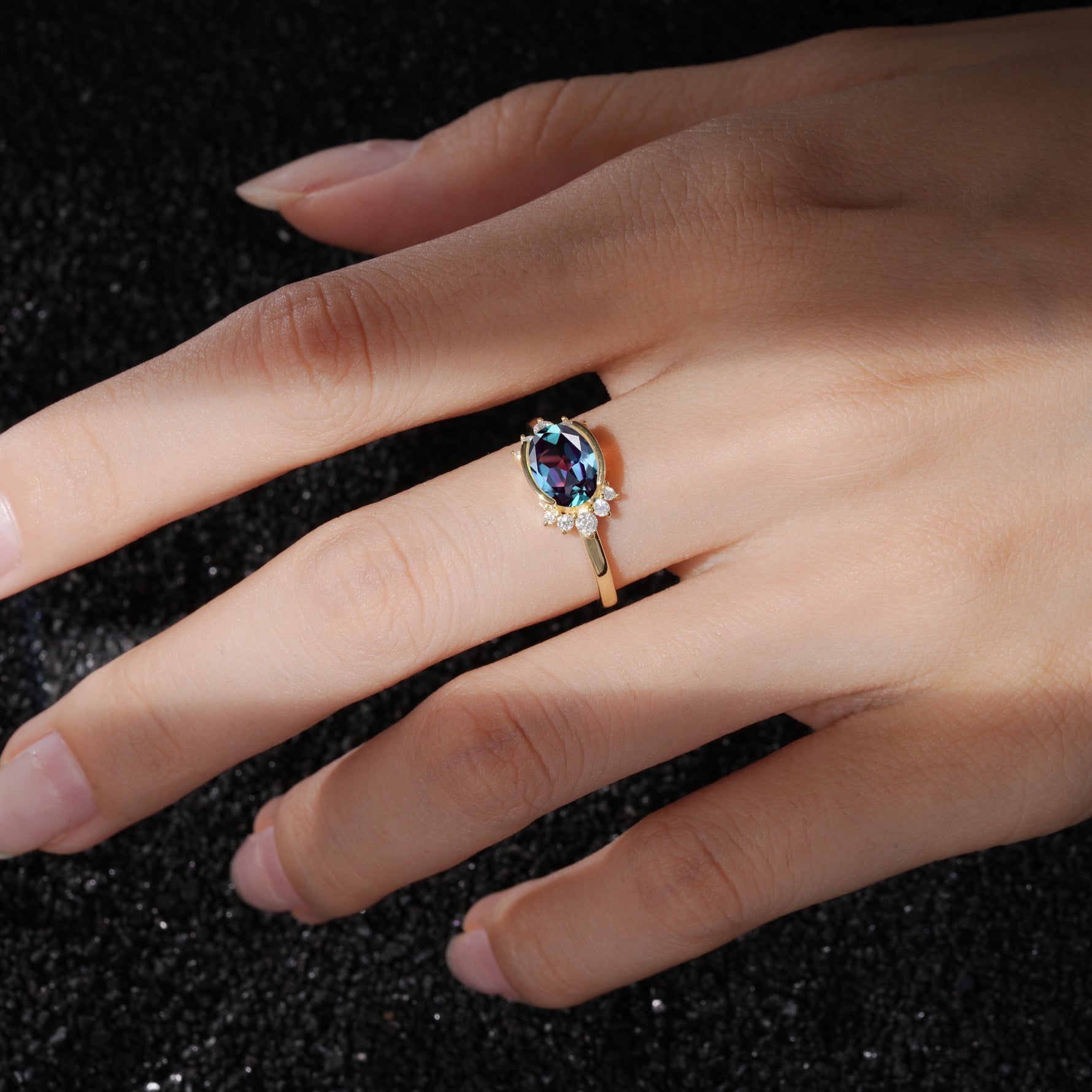 Timeless Oval Cut Bezel Frame Halo Alexandrite Engagement Ring - Additional view