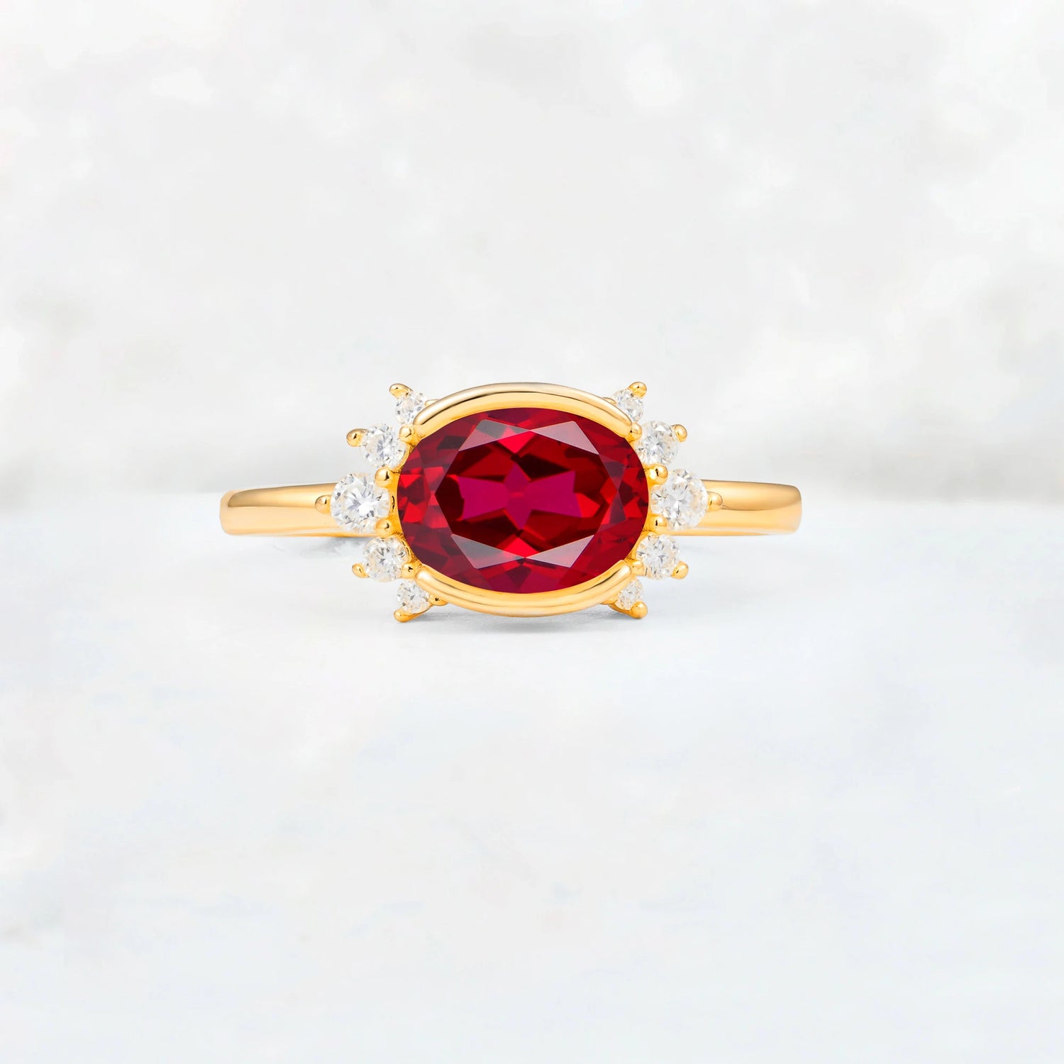 Timeless Oval Cut Bezel Frame Halo Ruby Engagement Ring