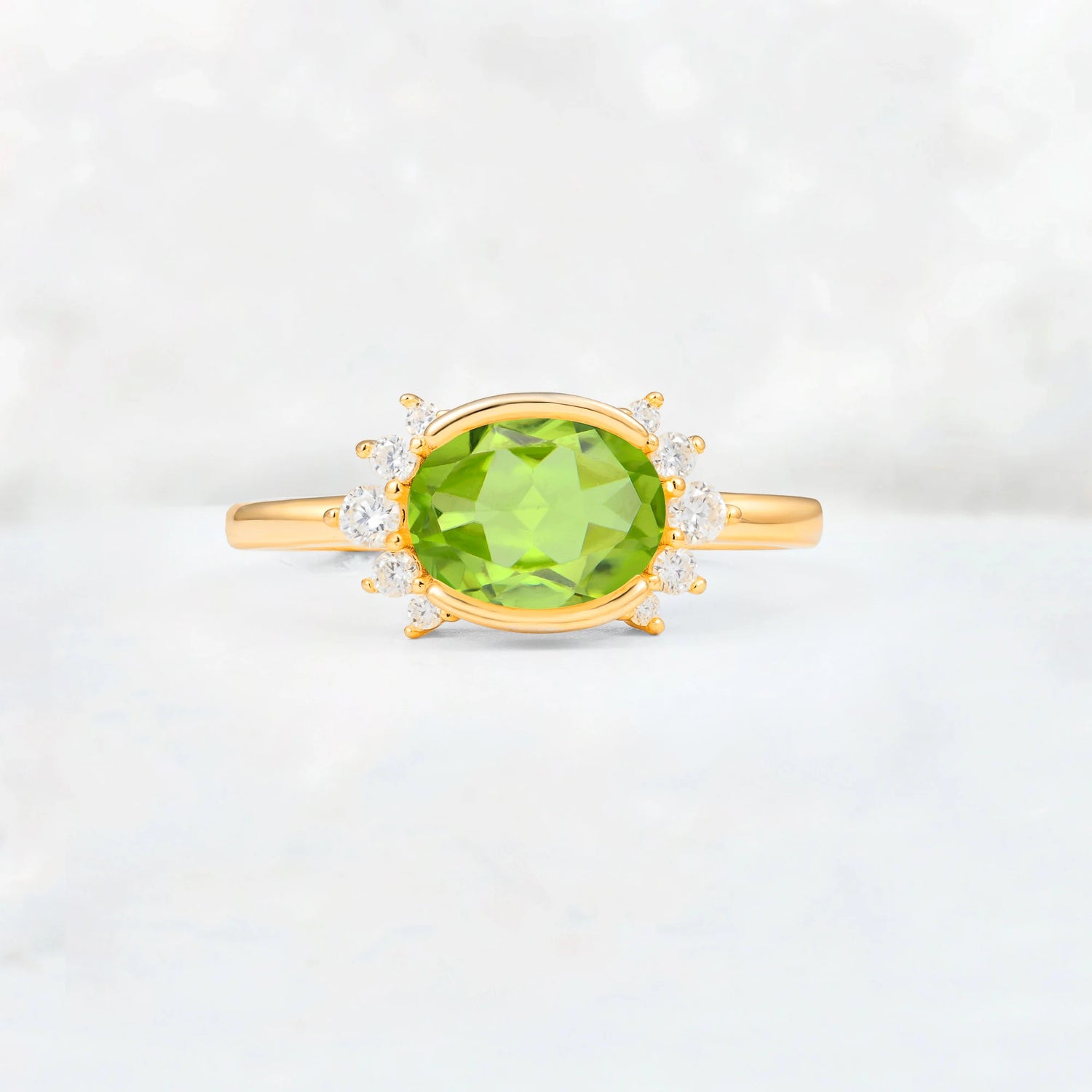 Timeless Oval Cut Bezel Frame Halo Peridot Engagement Ring