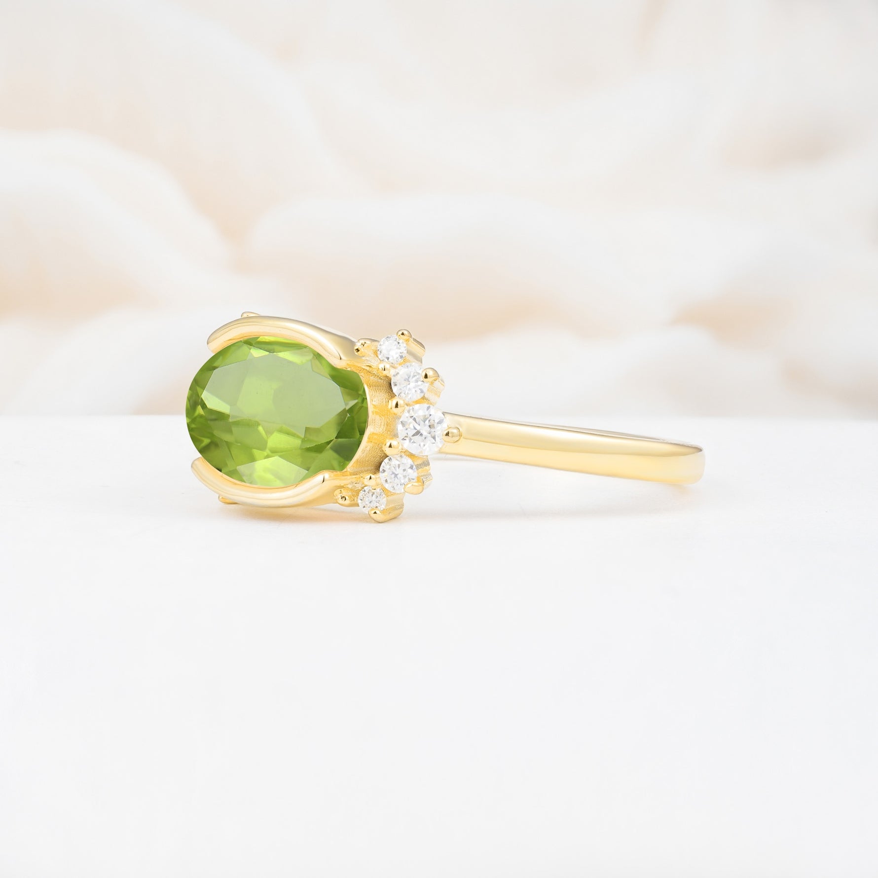 Timeless Oval Cut Bezel Frame Halo Peridot Engagement Ring - Additional view