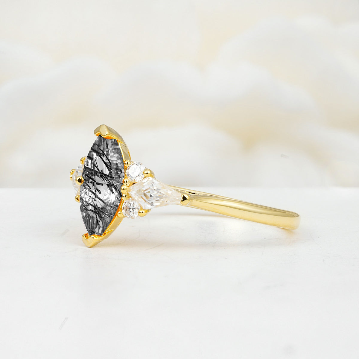 SR17651 Black Rutilated Quartz Ring - White-Gold