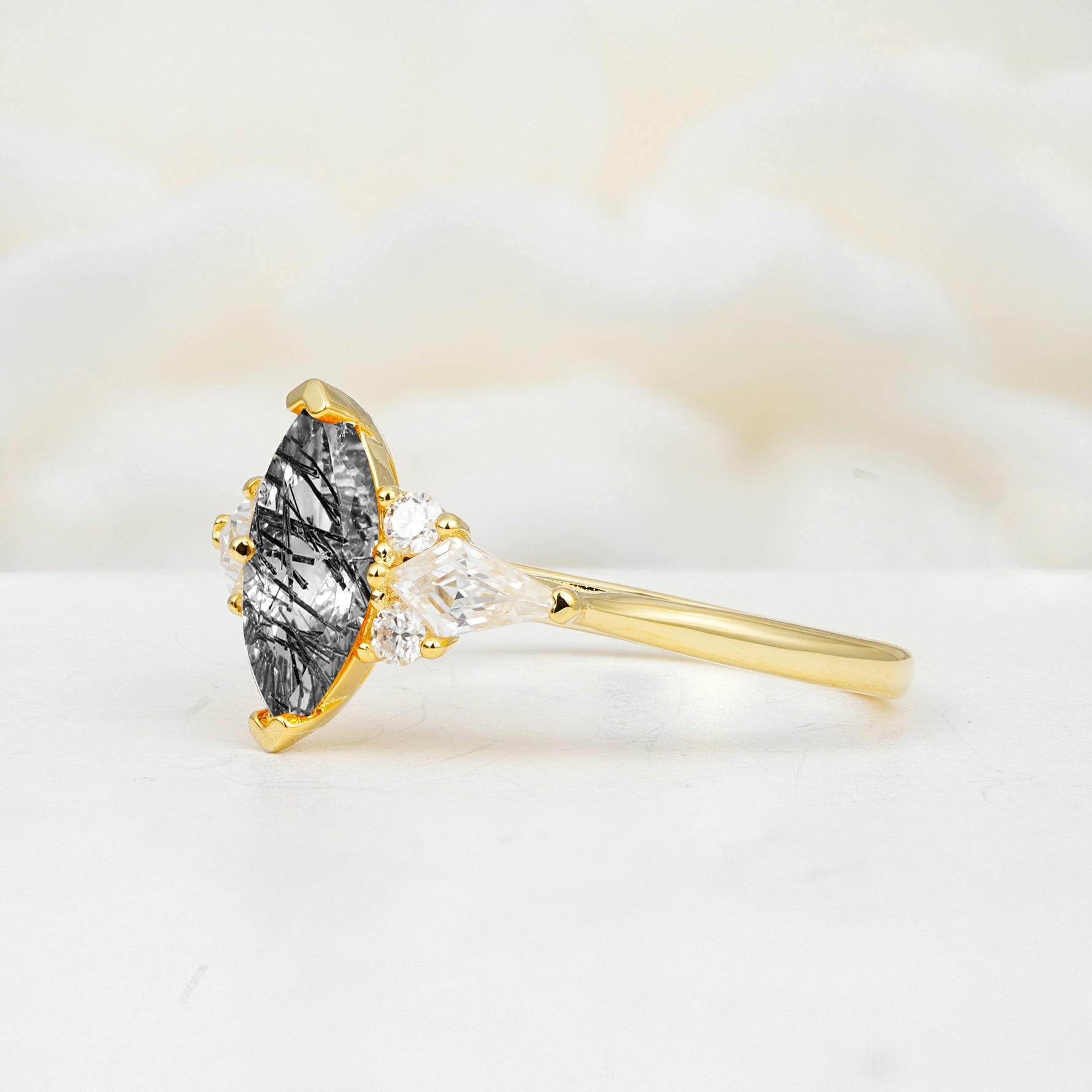 SR17651 Black Rutilated Quartz Ring - White-Gold