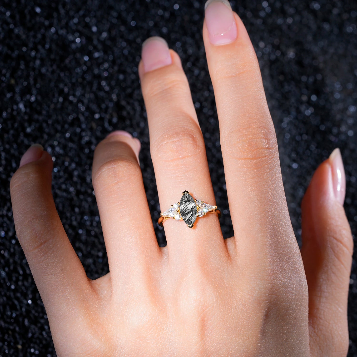 Classic Marquise-Cut Black Rutilated Quartz Engagement Ring