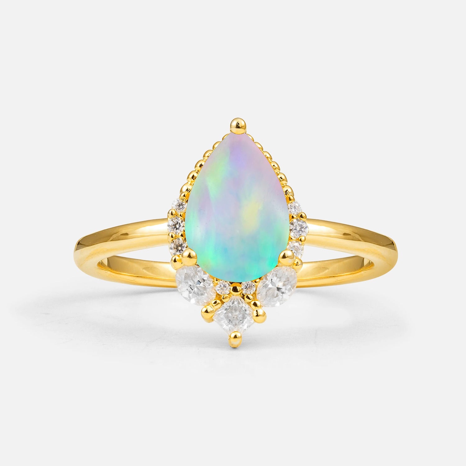 Art Deco Pear Shaped Fire Opal Engagement Ring