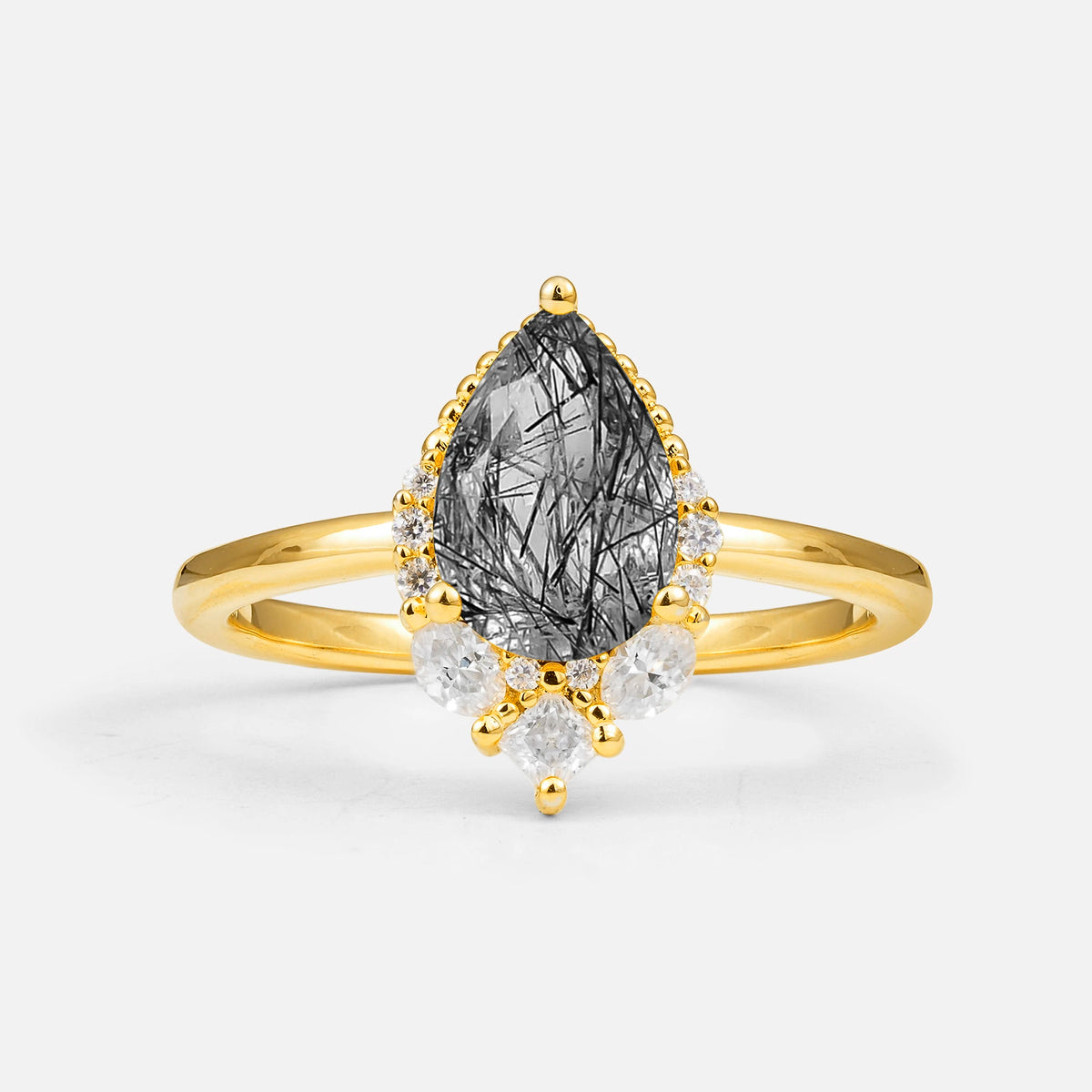 Art Deco Pear Shaped Black Rutilated Quartz Engagement Ring