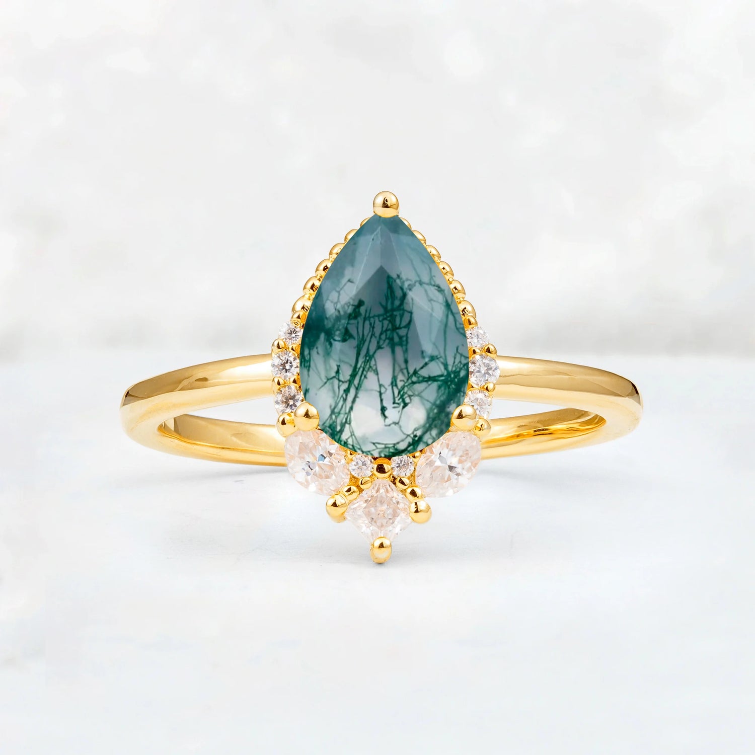 Art Deco Pear Shaped Moss Agate Engagement Ring