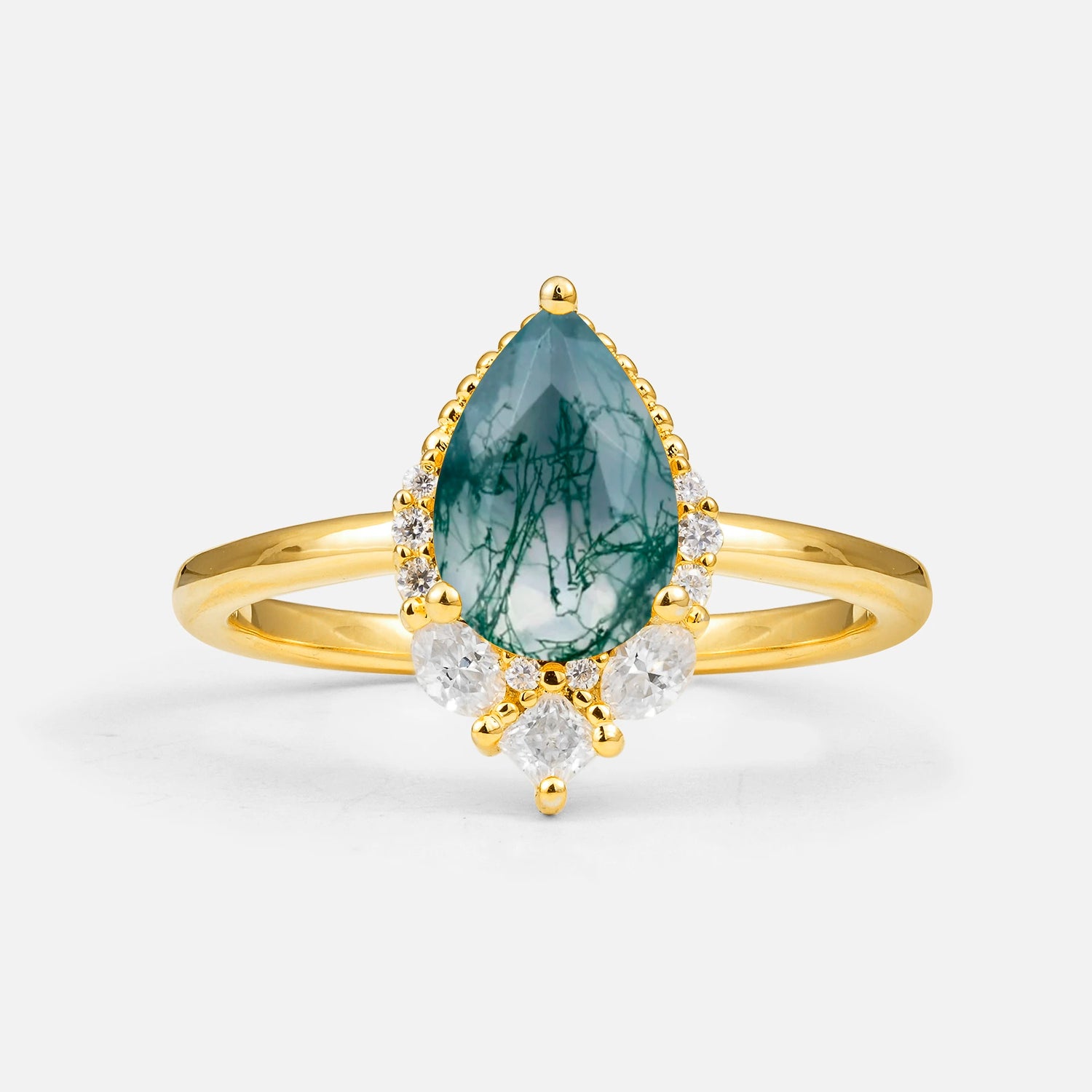 Art Deco Pear Shaped Moss Agate Engagement Ring