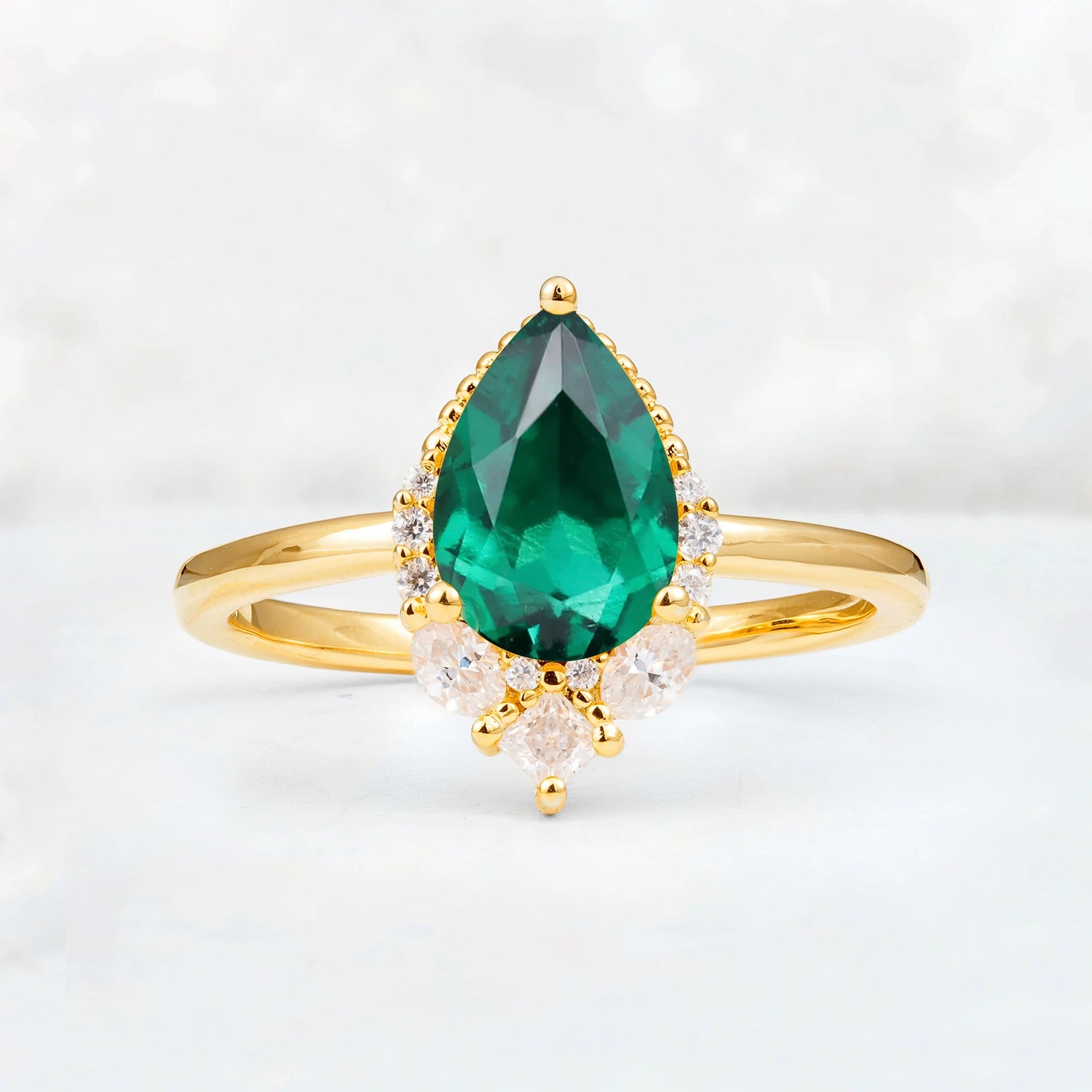 Art Deco Pear Shaped Emerald Engagement Ring