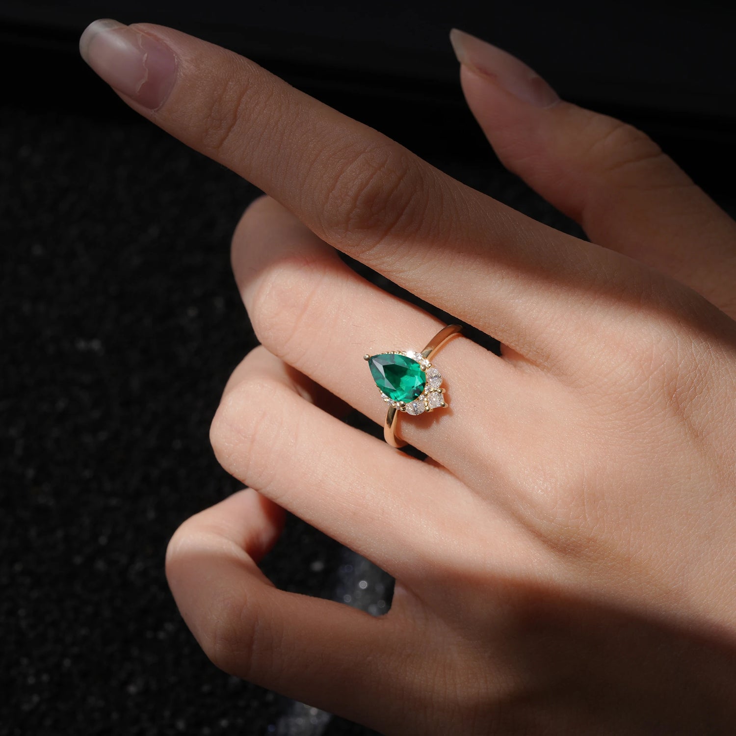 Art Deco Pear Shaped Emerald Engagement Ring