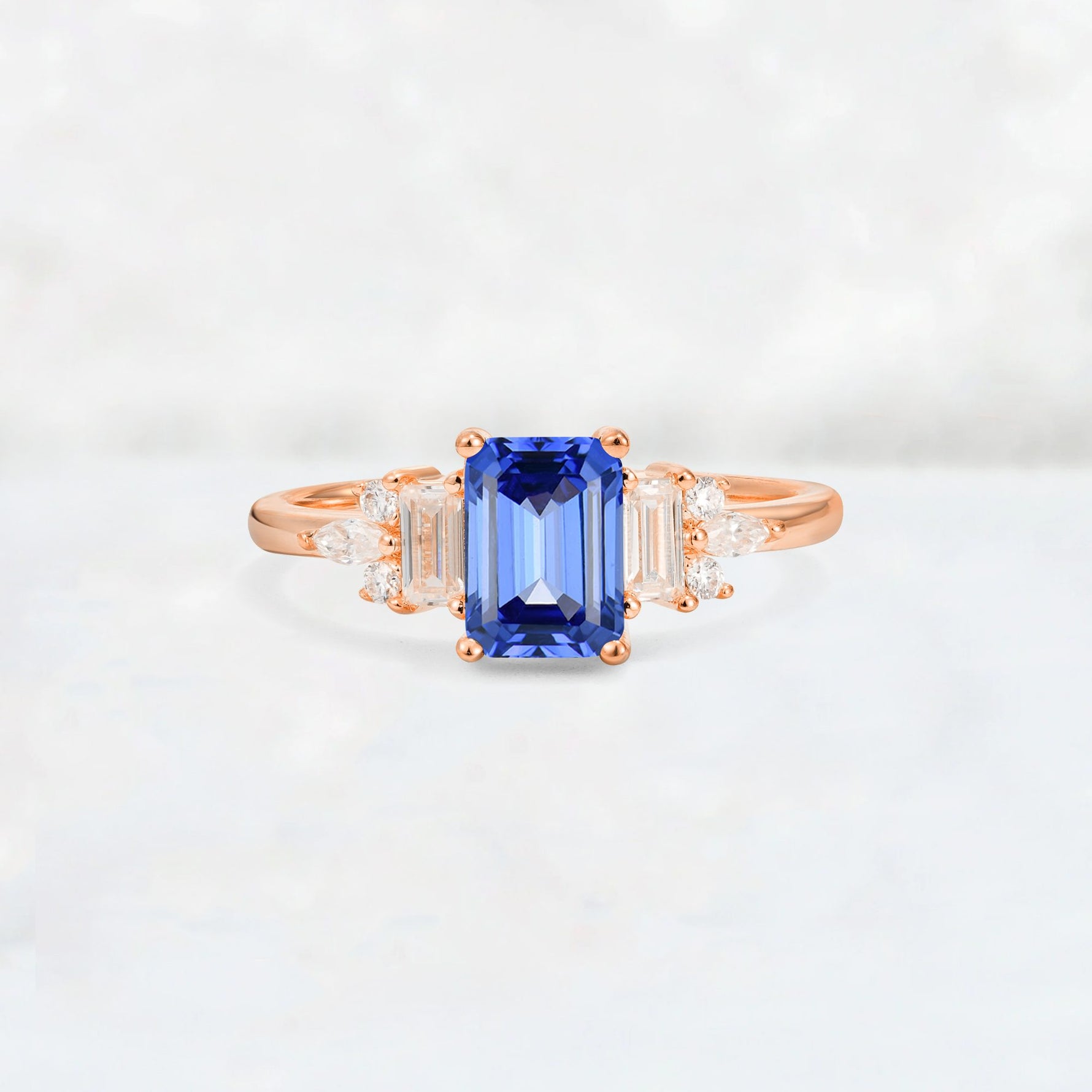 Luxury Emerald Cut Sapphire Cluster Engagement Ring - Additional view