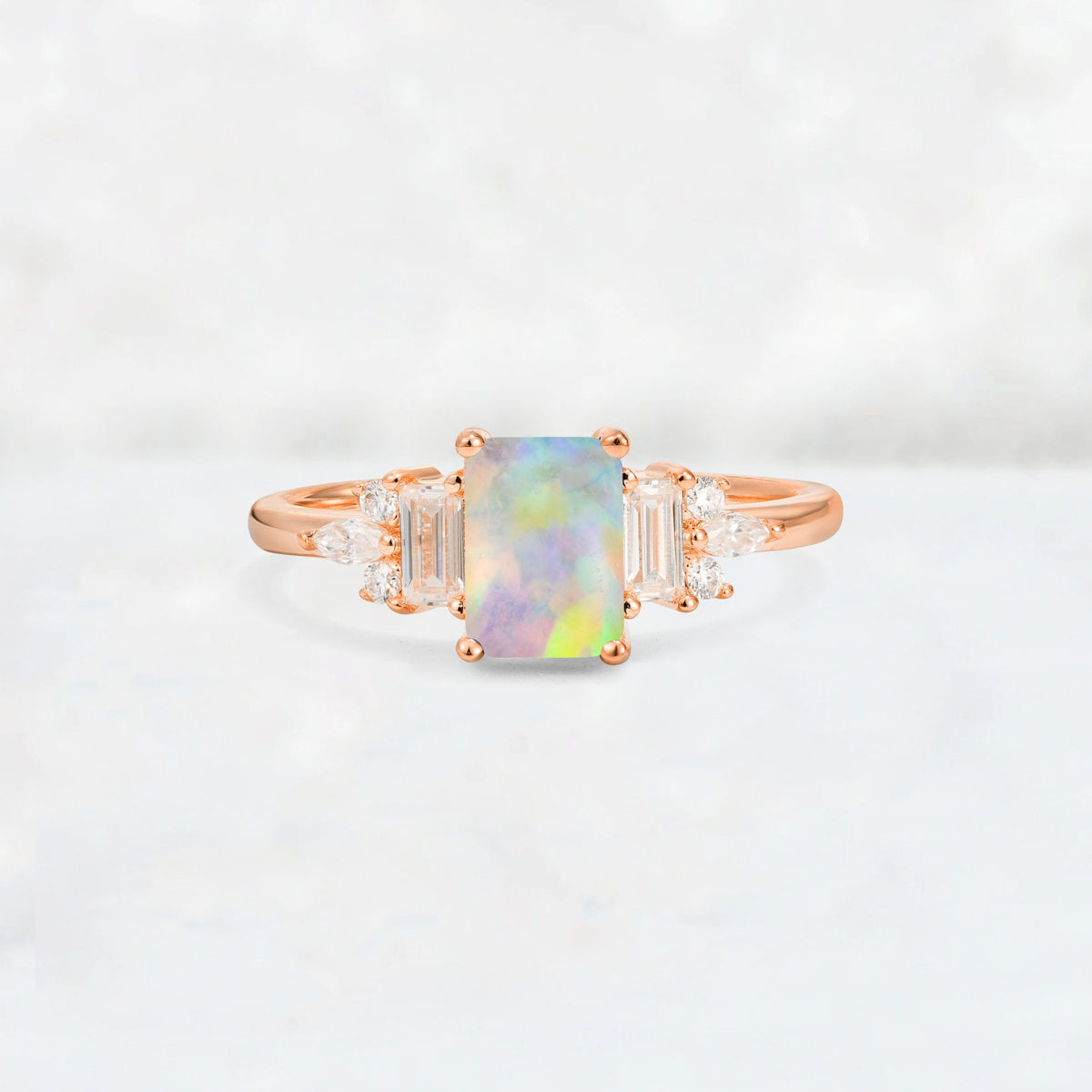 Luxury Emerald Cut Fire Opal Cluster Engagement Ring - Additional view
