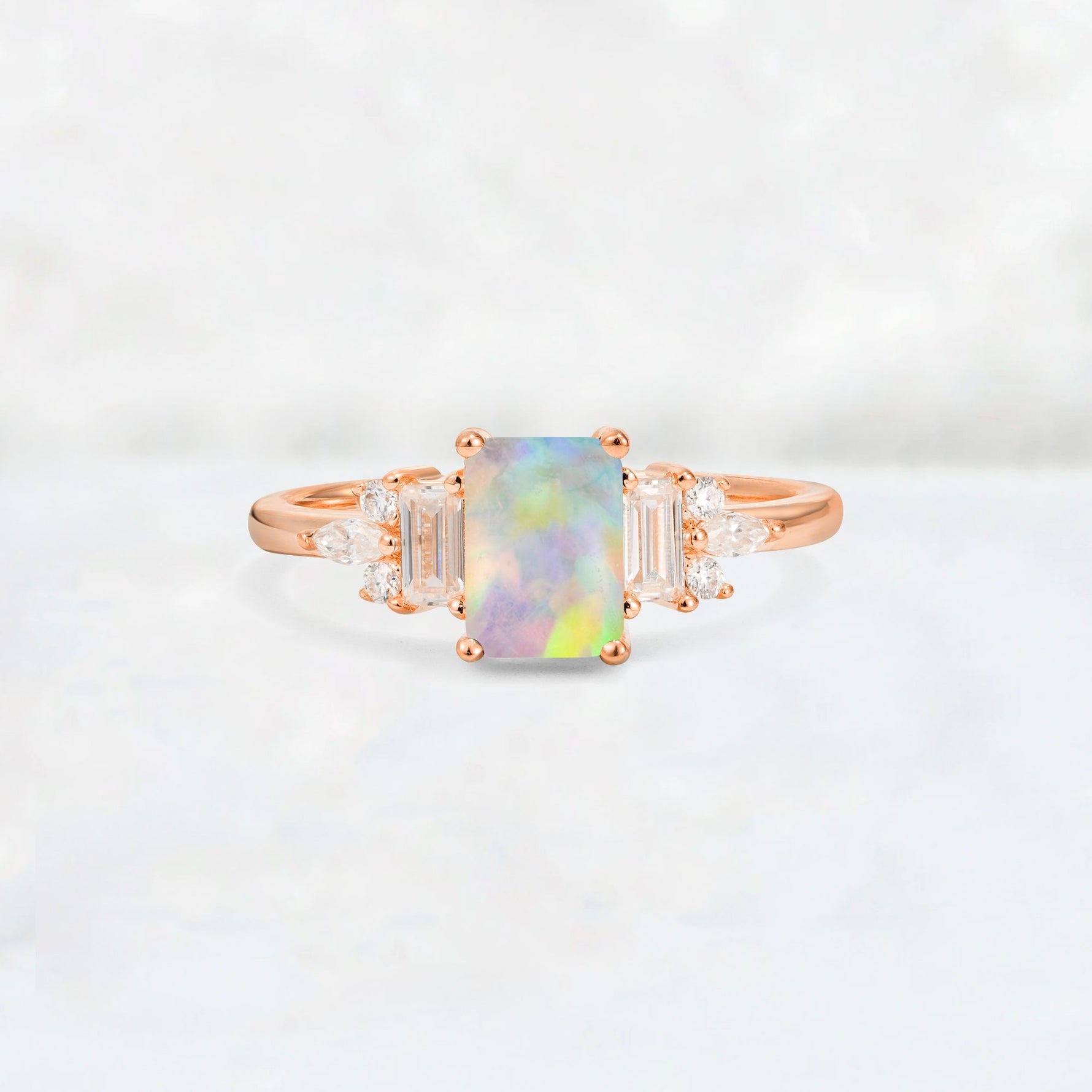 Luxury Emerald Cut Fire Opal Cluster Engagement Ring - Additional view
