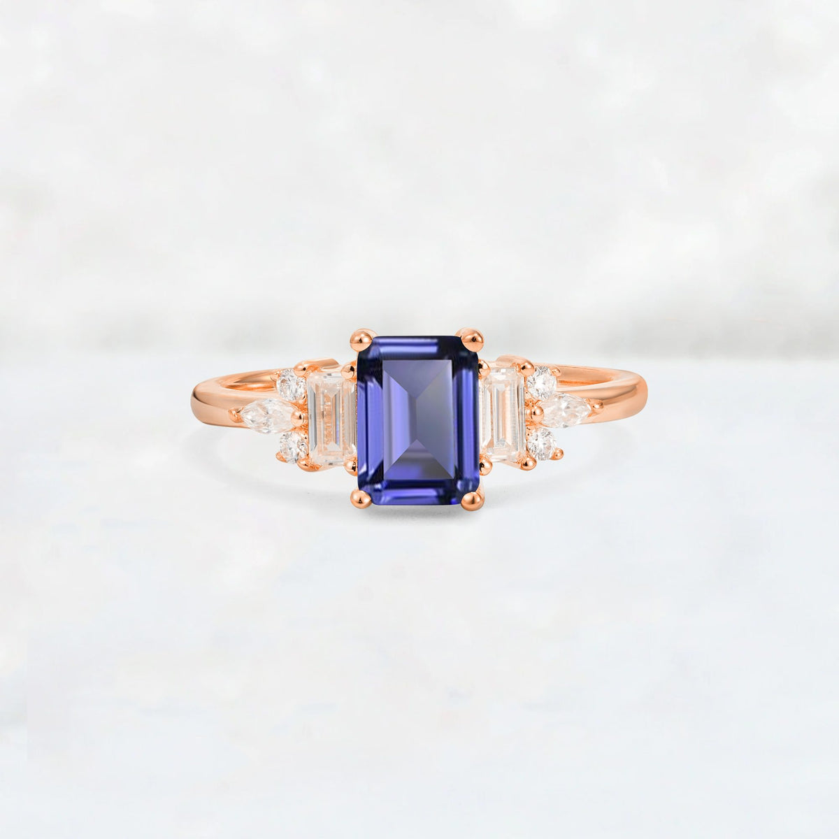 Luxury Emerald Cut Tanzanite Cluster Engagement Ring - Additional view