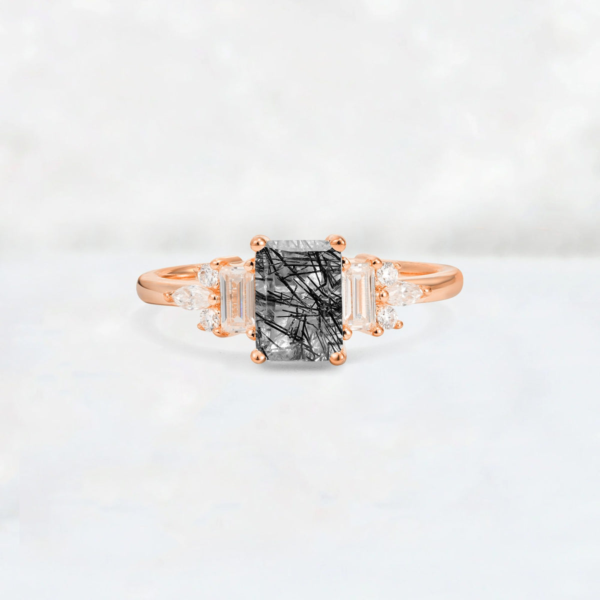 Luxury Emerald Cut Black Rutilated Quartz Cluster Engagement Ring - Additional view