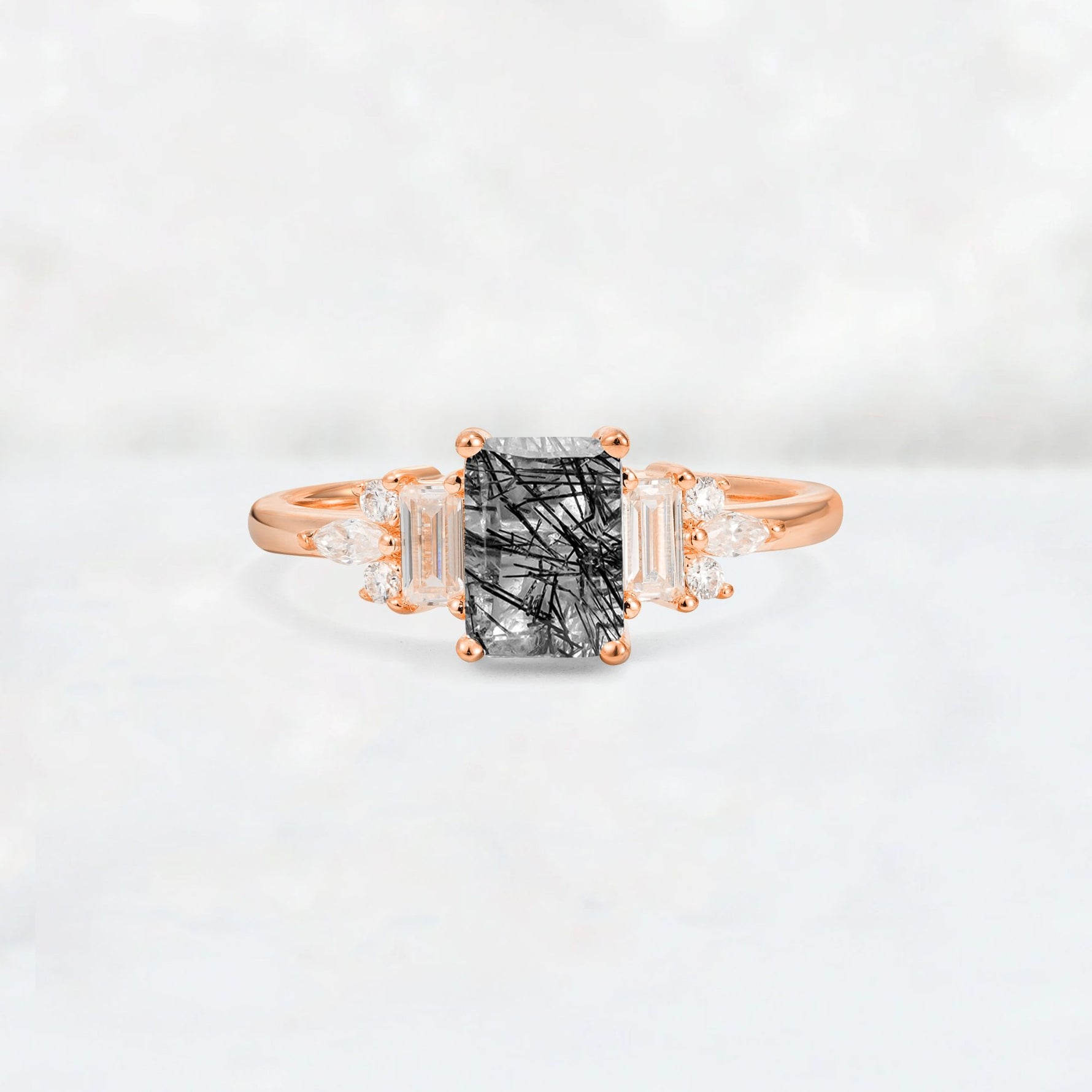 Luxury Emerald Cut Black Rutilated Quartz Cluster Engagement Ring - Additional view