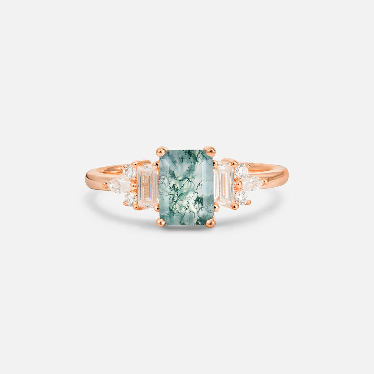 Luxury Emerald Cut Moss Agate Cluster Engagement Ring - Additional view