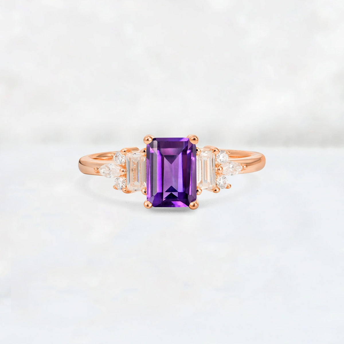 Luxury Emerald Cut Amethyst Cluster Engagement Ring - Additional view