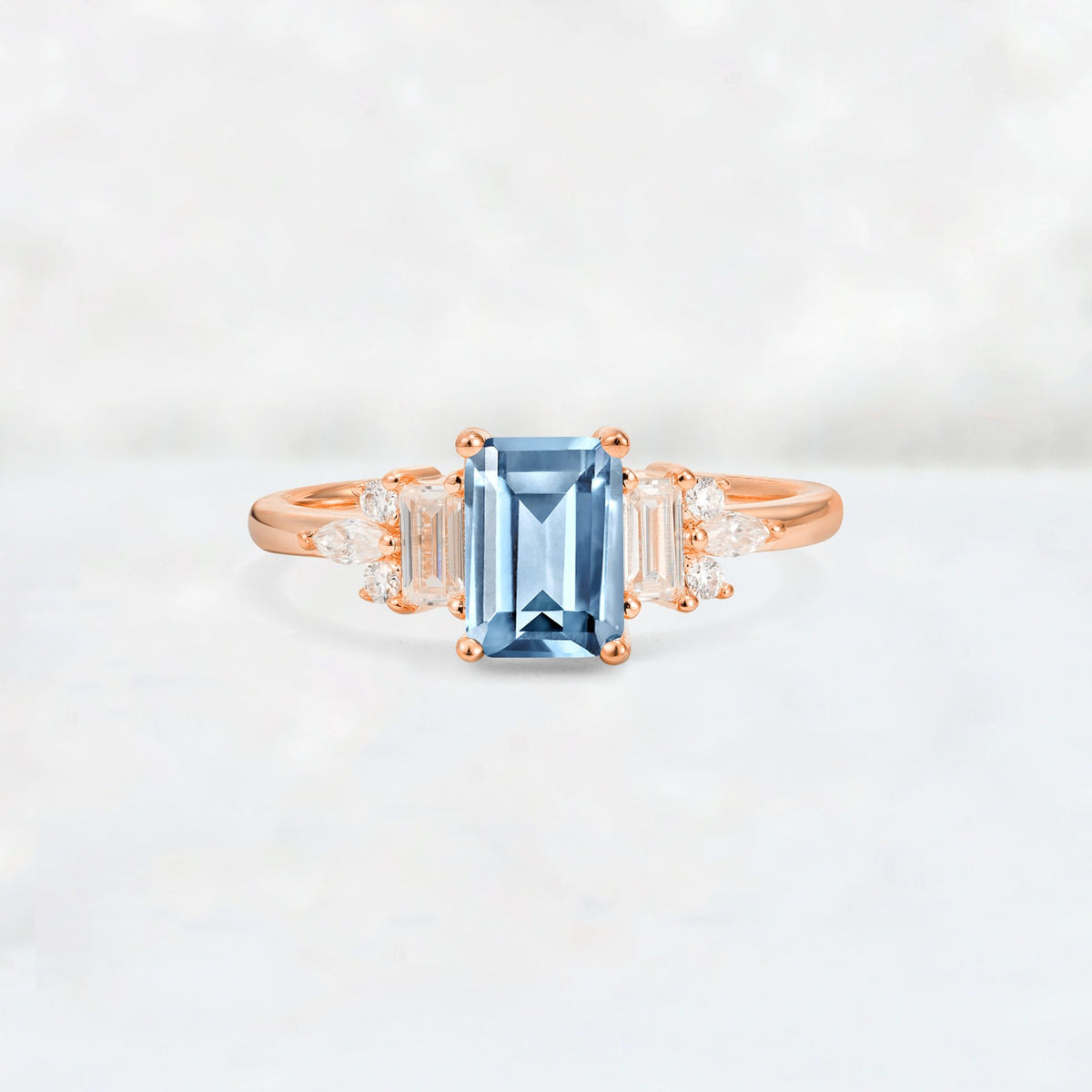 Luxury Emerald Cut Aquamarine Cluster Engagement Ring - Additional view