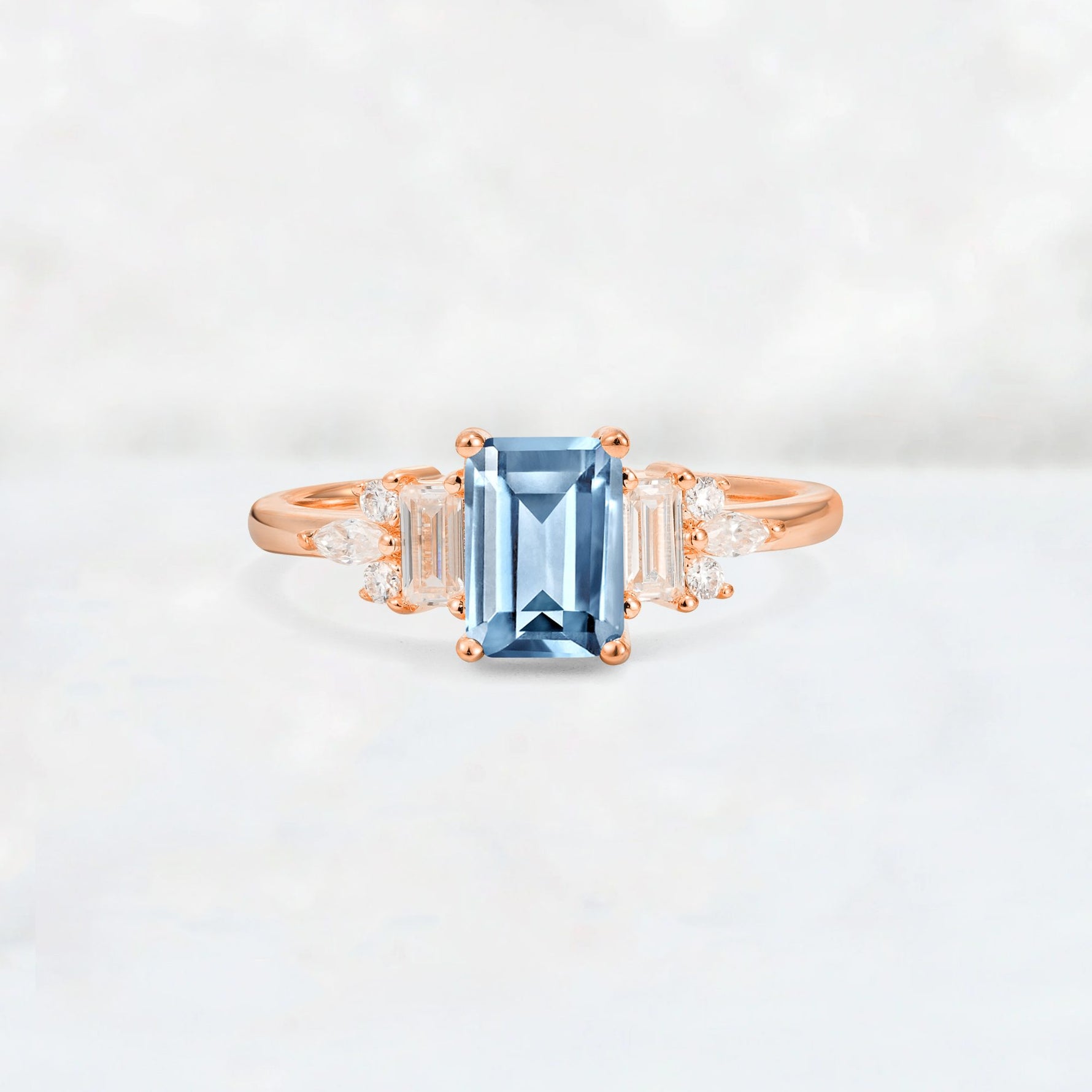 Luxury Emerald Cut Aquamarine Cluster Engagement Ring - Additional view
