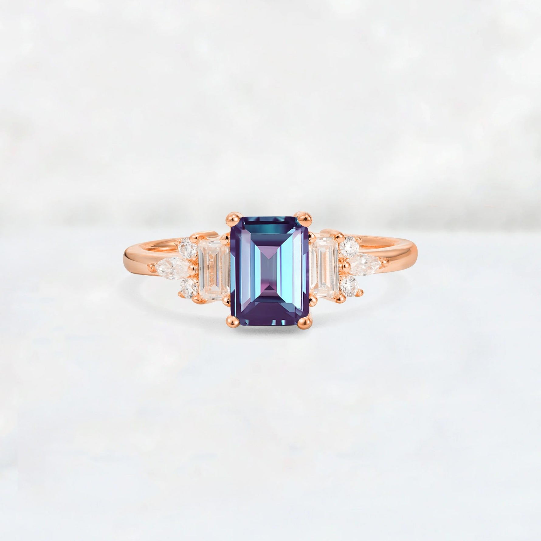 Luxury Emerald Cut Alexandrite Cluster Engagement Ring - Additional view
