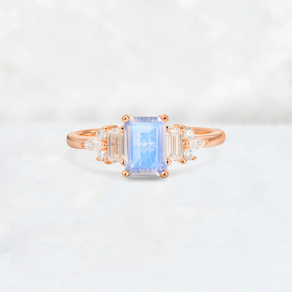 Luxury Emerald Cut Moonstone Cluster Engagement Ring - Additional view