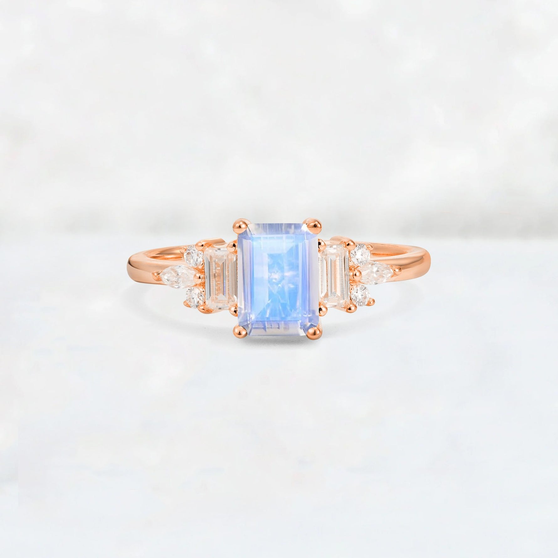 Luxury Emerald Cut Moonstone Cluster Engagement Ring - Additional view
