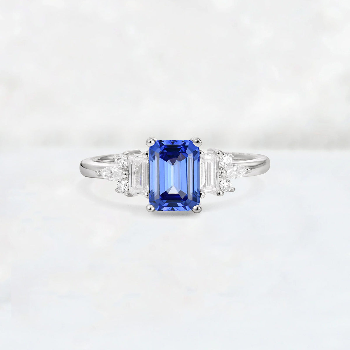 Luxury Emerald Cut Sapphire Cluster Engagement Ring - Additional view