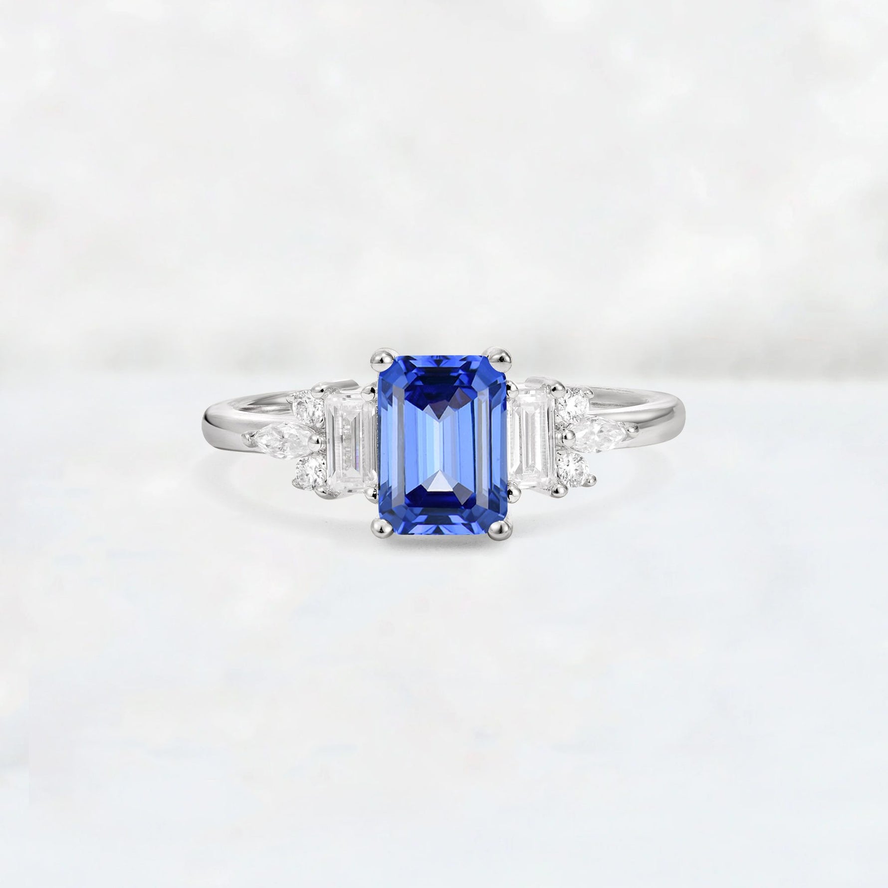 Luxury Emerald Cut Sapphire Cluster Engagement Ring - Additional view