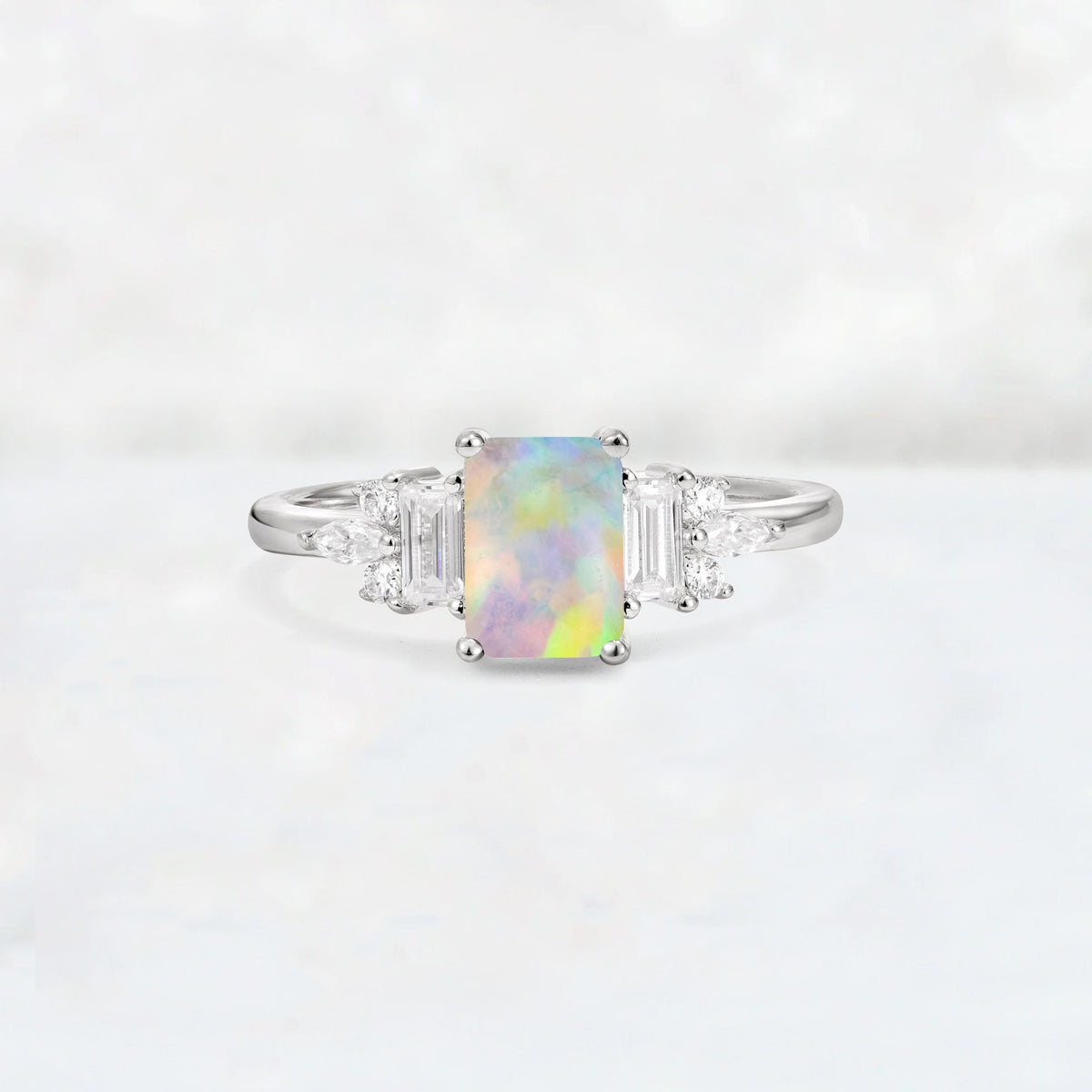 Luxury Emerald Cut Fire Opal Cluster Engagement Ring - Additional view