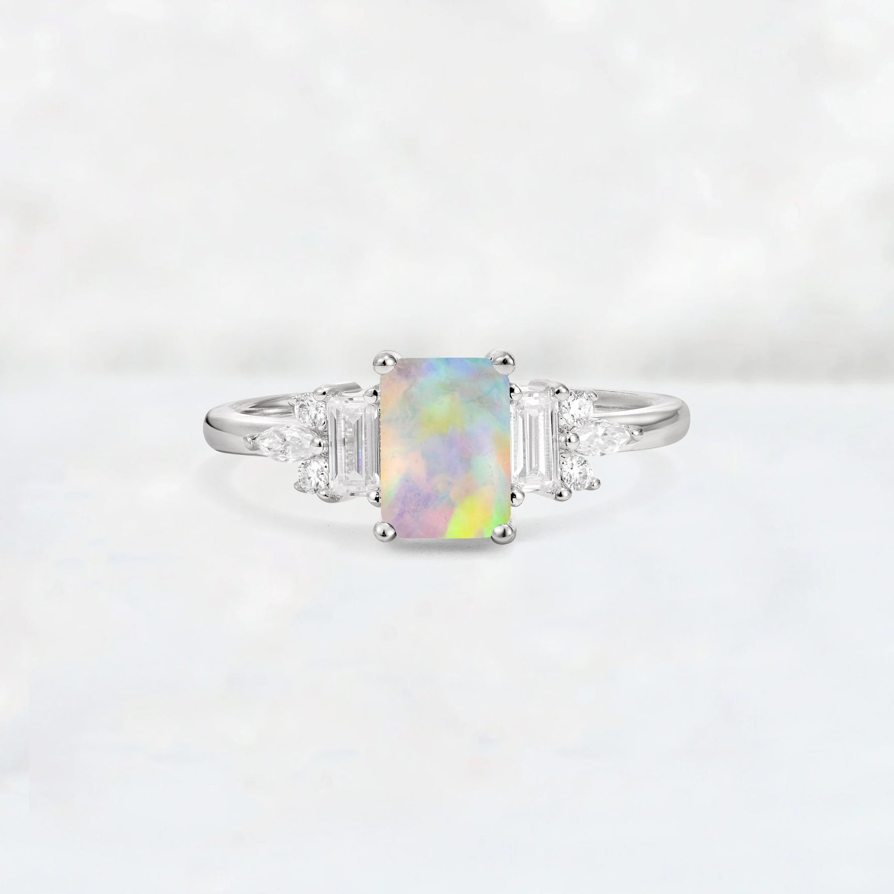 Luxury Emerald Cut Fire Opal Cluster Engagement Ring - Additional view