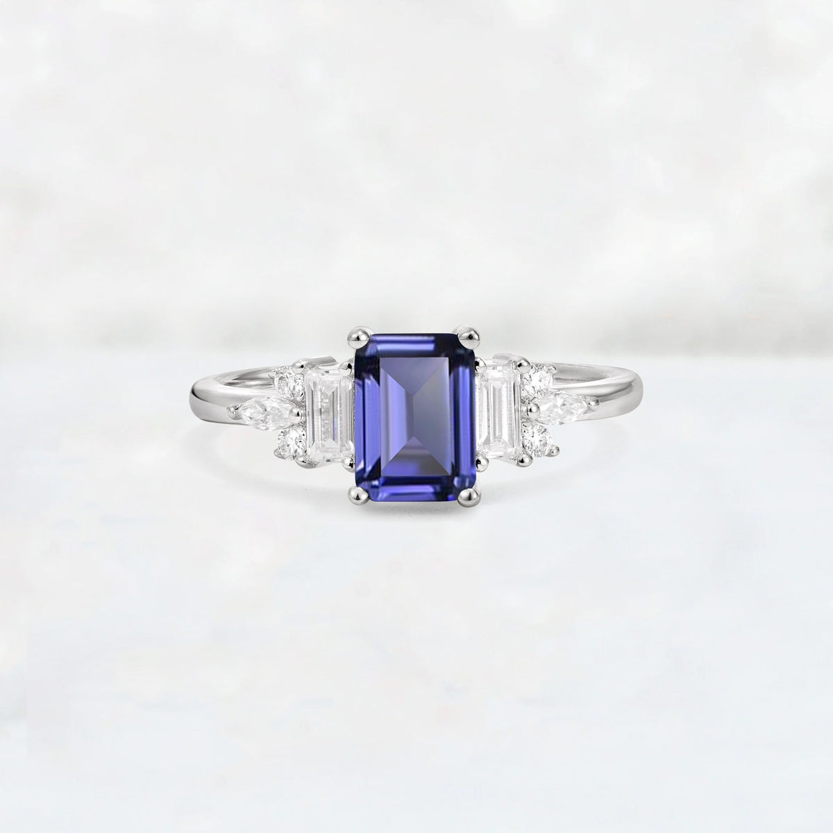 Luxury Emerald Cut Tanzanite Cluster Engagement Ring - Additional view