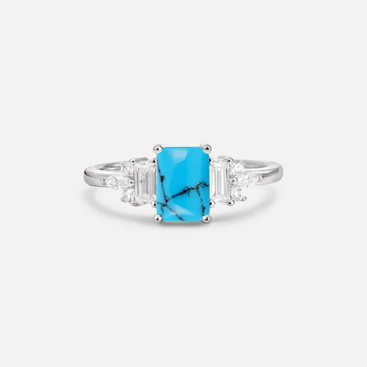 Luxury Emerald Cut Turquoise Cluster Engagement Ring - Additional view