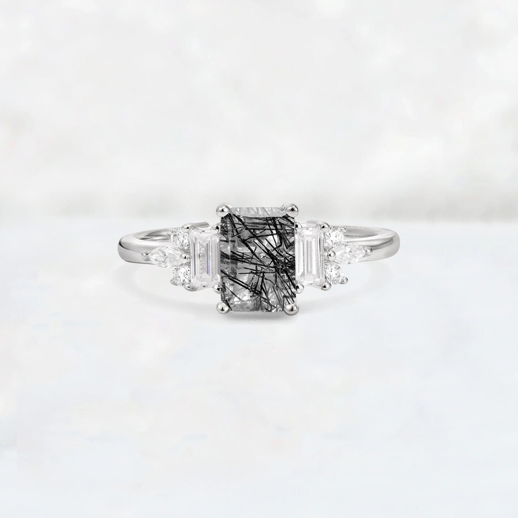 Luxury Emerald Cut Black Rutilated Quartz Cluster Engagement Ring - Additional view