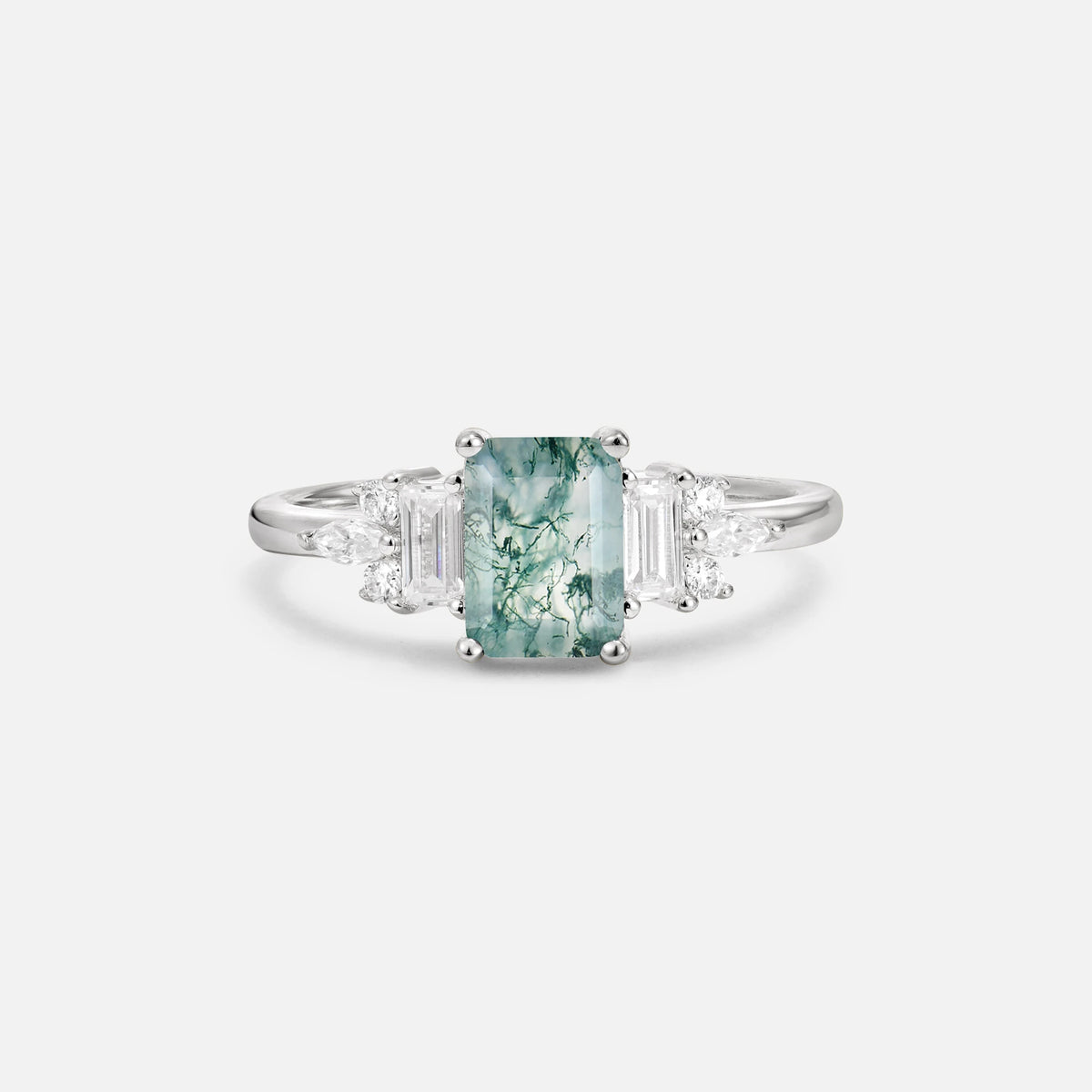 Luxury Emerald Cut Moss Agate Cluster Engagement Ring - Additional view