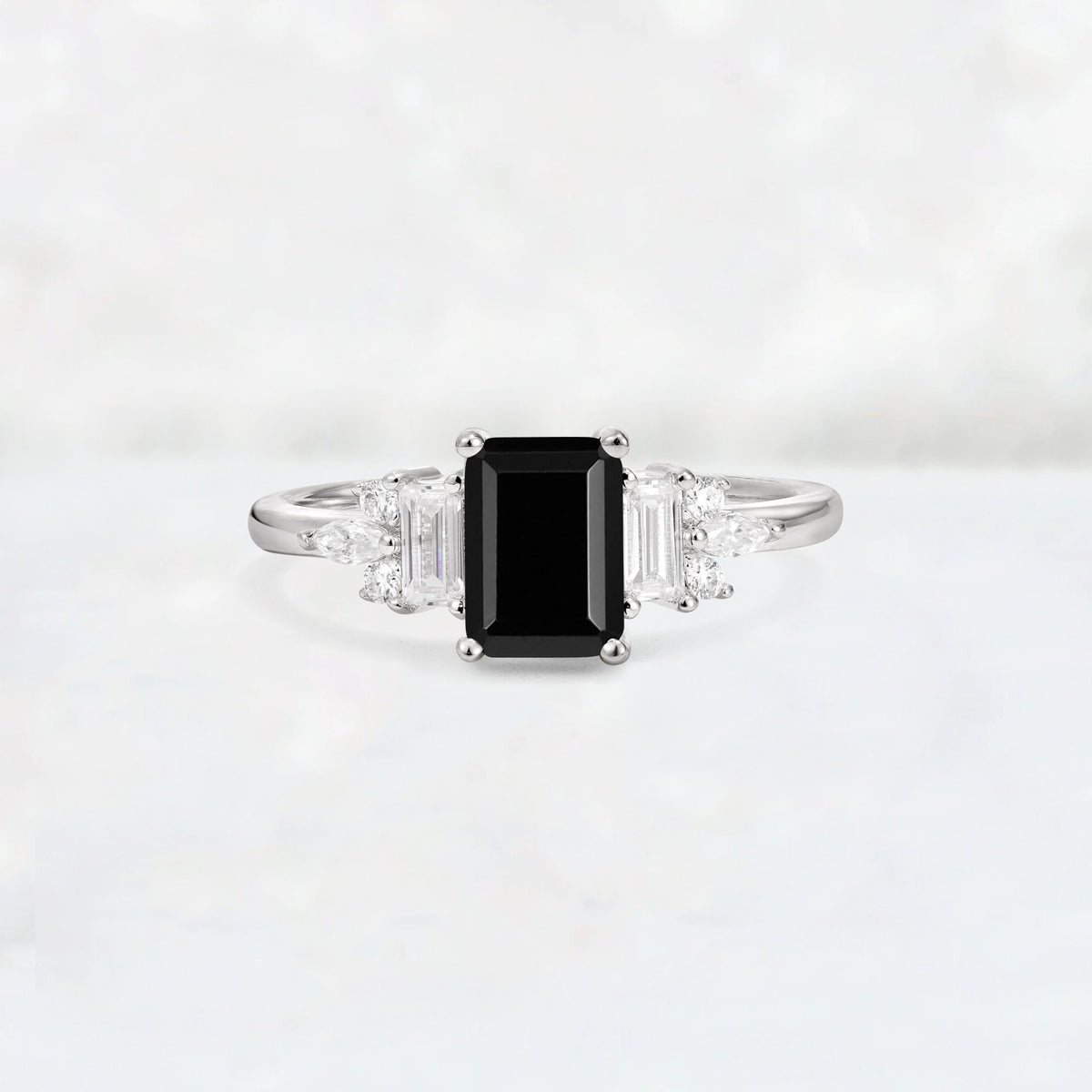 Luxury Emerald Cut Black Onyx Cluster Engagement Ring - Additional view
