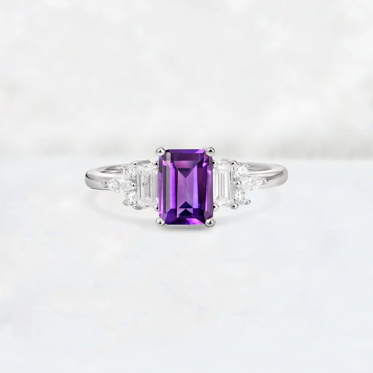Luxury Emerald Cut Amethyst Cluster Engagement Ring - Additional view