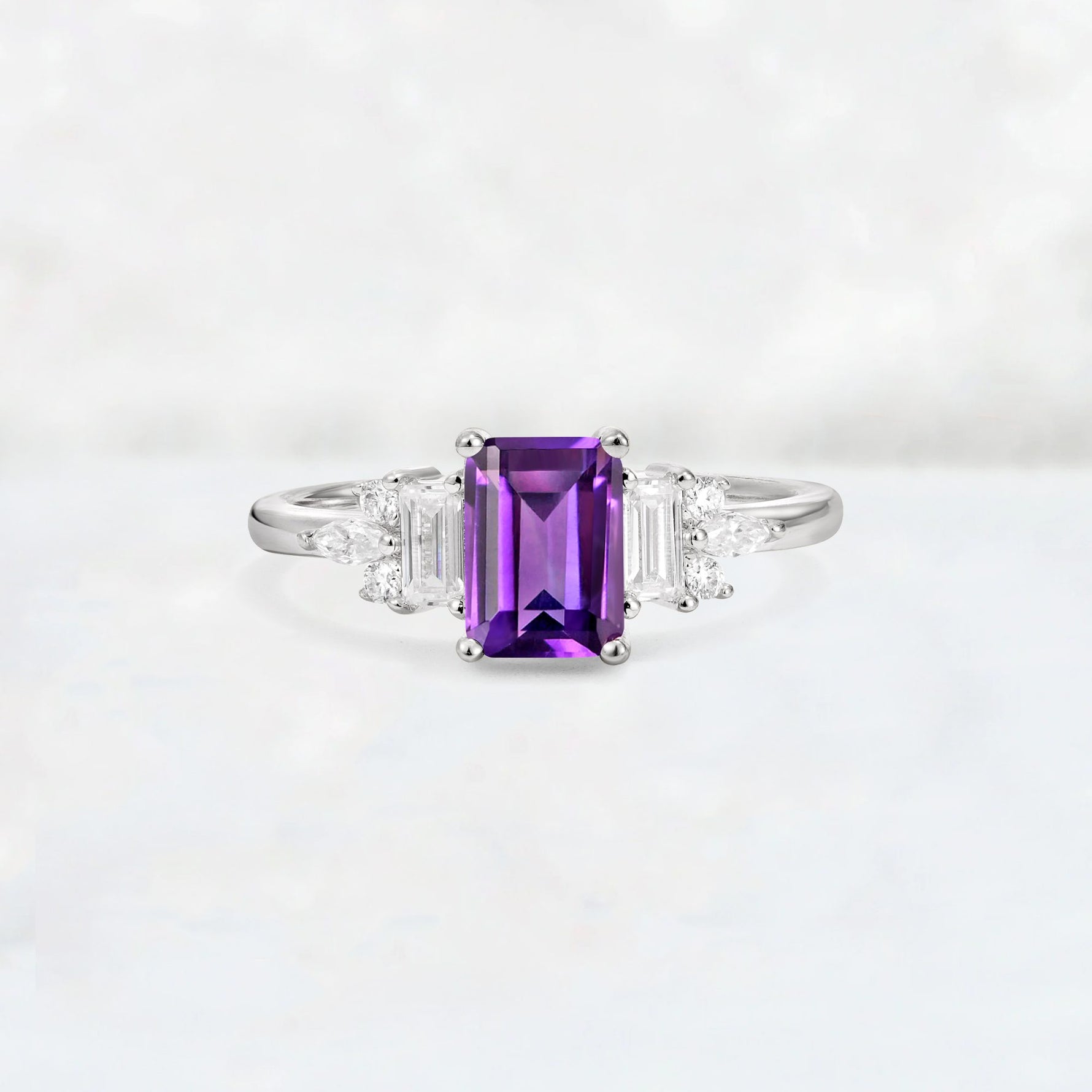 Luxury Emerald Cut Amethyst Cluster Engagement Ring - Additional view