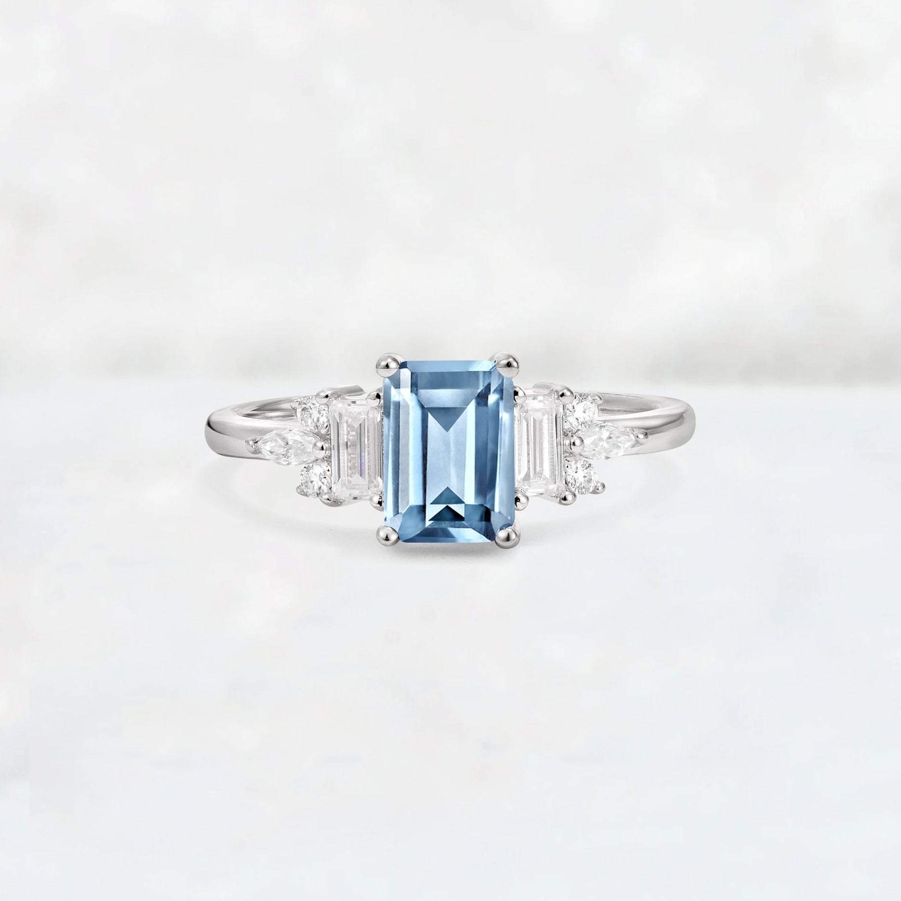 Luxury Emerald Cut Aquamarine Cluster Engagement Ring - Additional view