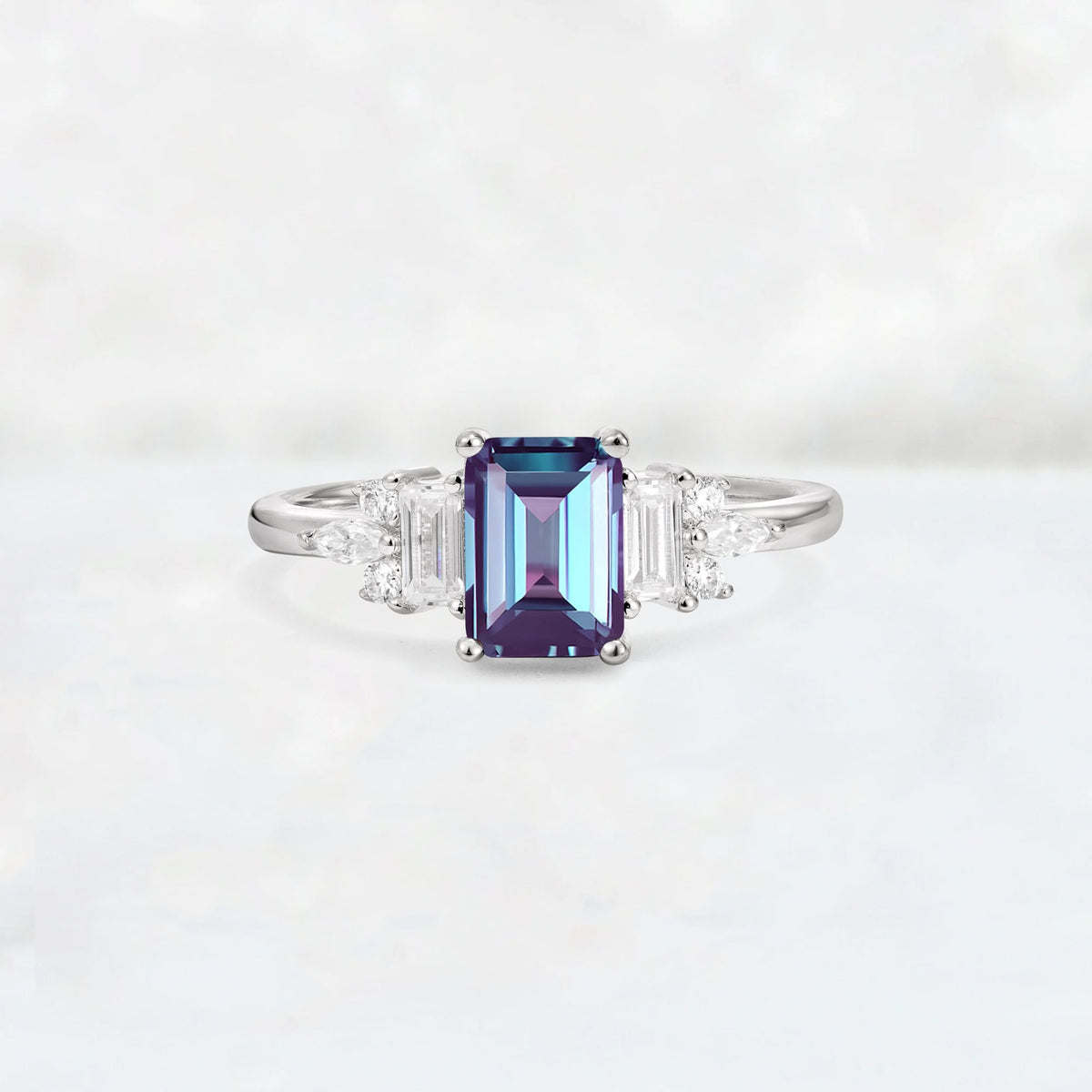 Luxury Emerald Cut Alexandrite Cluster Engagement Ring - Additional view