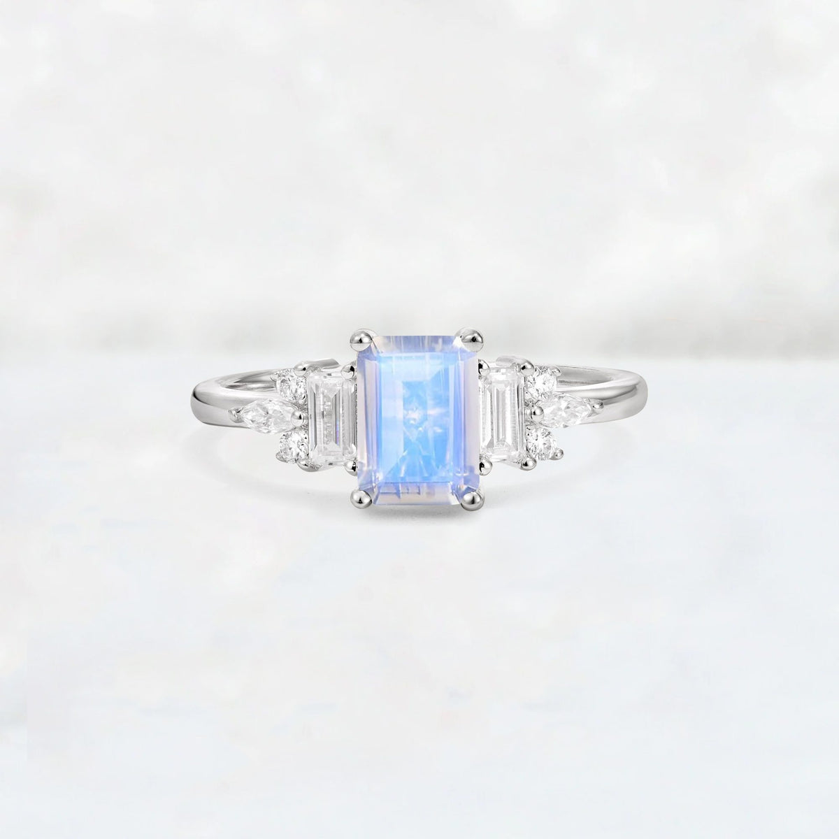 Luxury Emerald Cut Moonstone Cluster Engagement Ring - Additional view