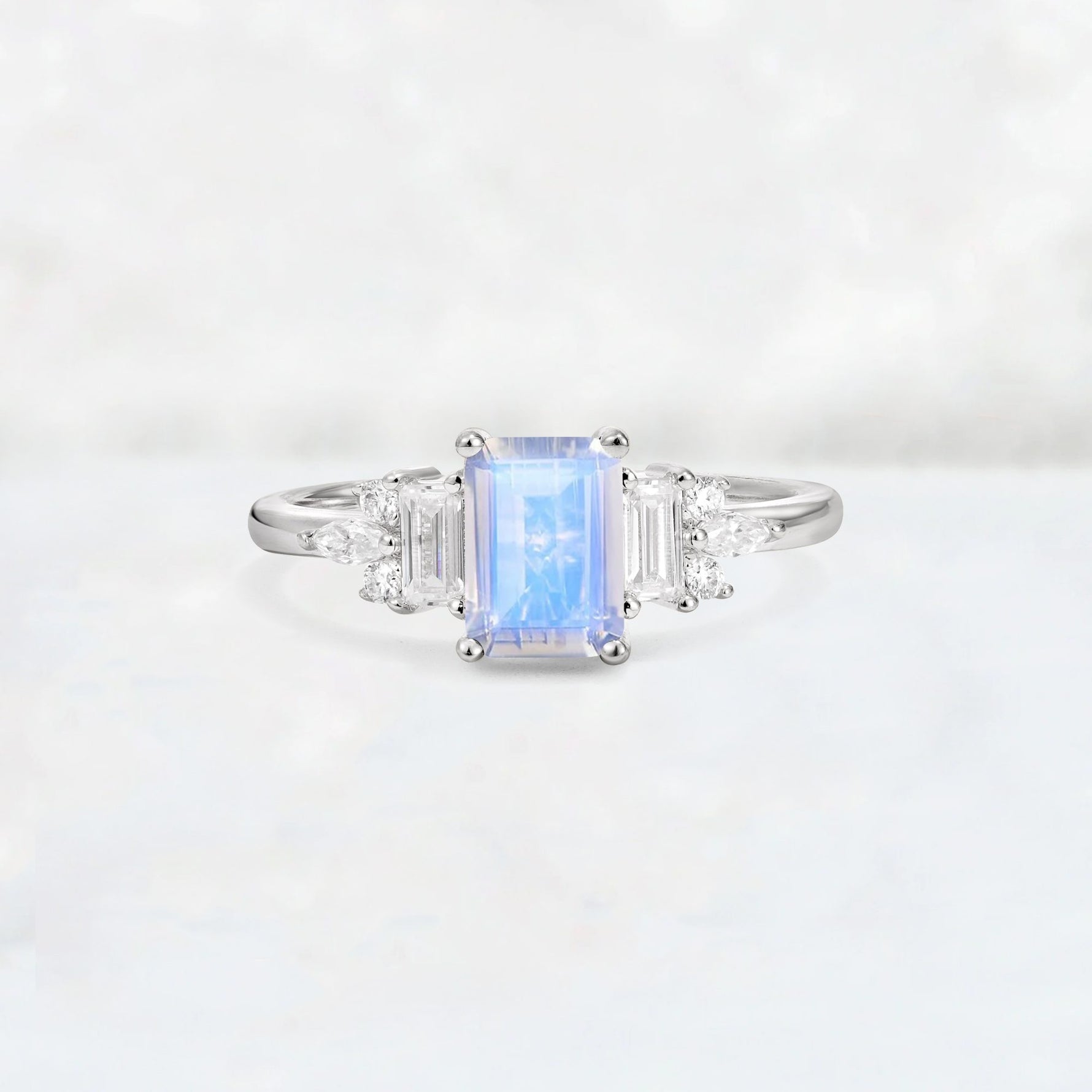 Luxury Emerald Cut Moonstone Cluster Engagement Ring - Additional view