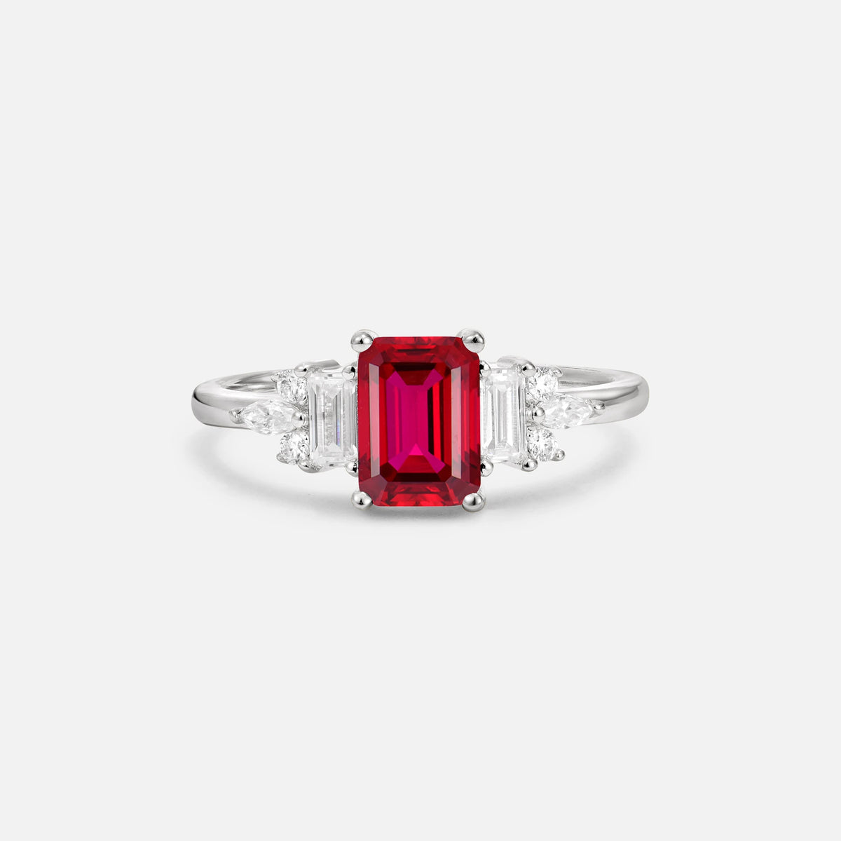 Luxury Emerald Cut Ruby Cluster Engagement Ring - Additional view