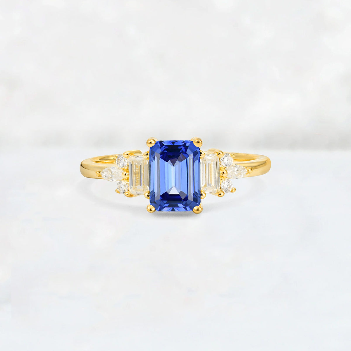 Luxury Emerald Cut Sapphire Cluster Engagement Ring - Additional view