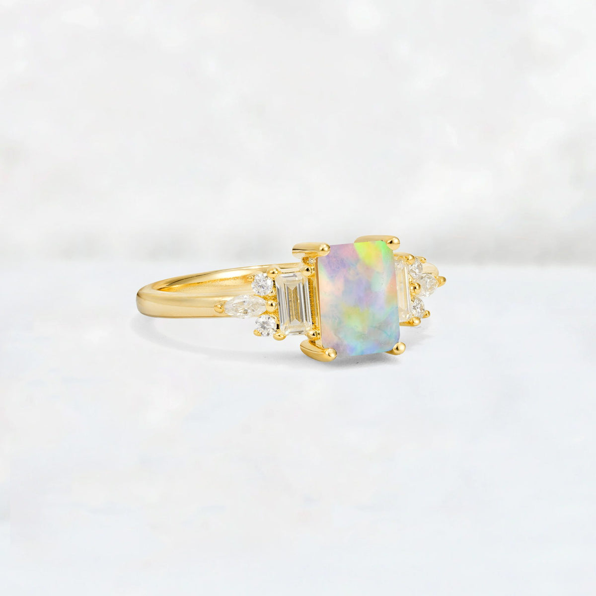 Luxury Emerald Cut Fire Opal Cluster Engagement Ring - Additional view