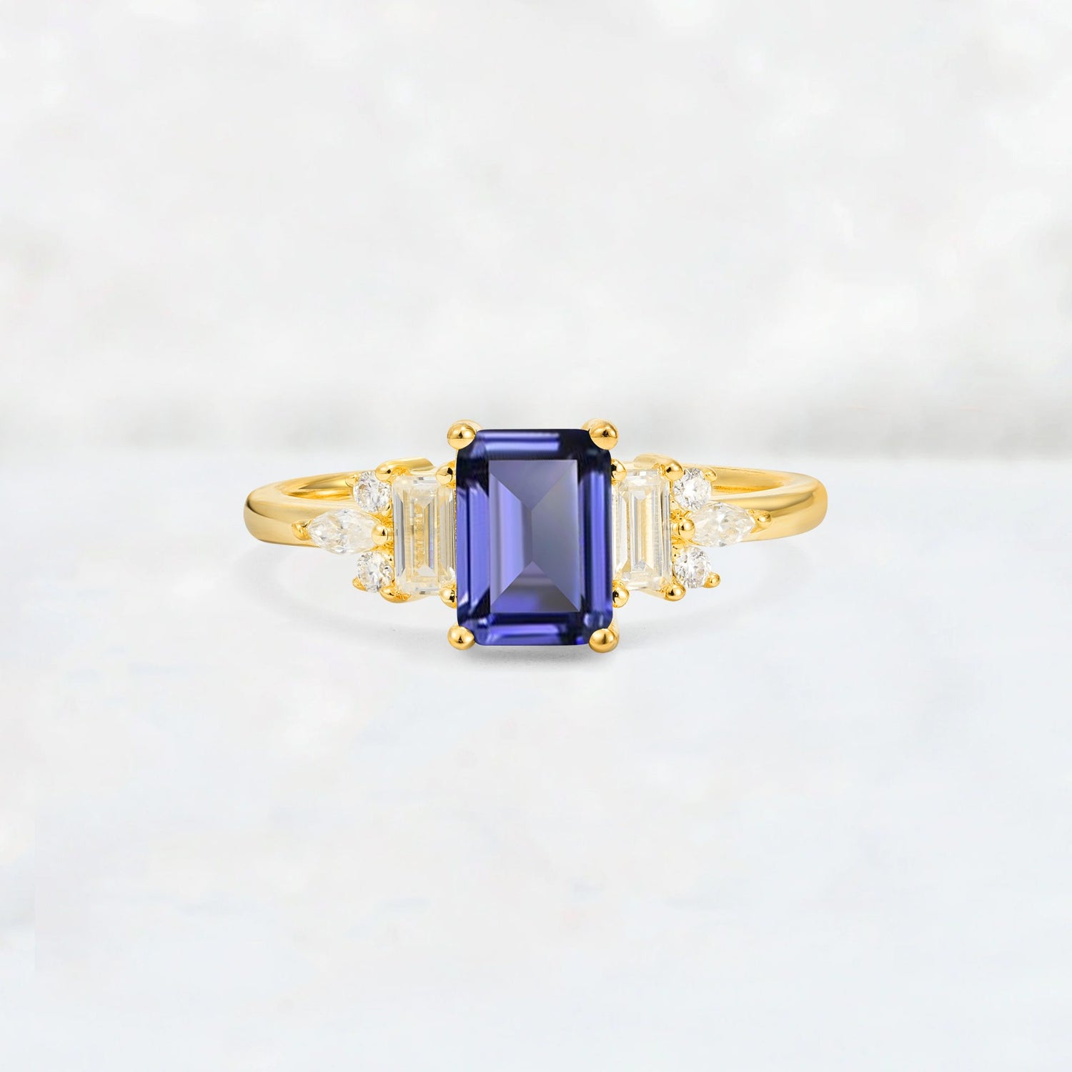 Luxury Emerald Cut Tanzanite Cluster Engagement Ring - Additional view