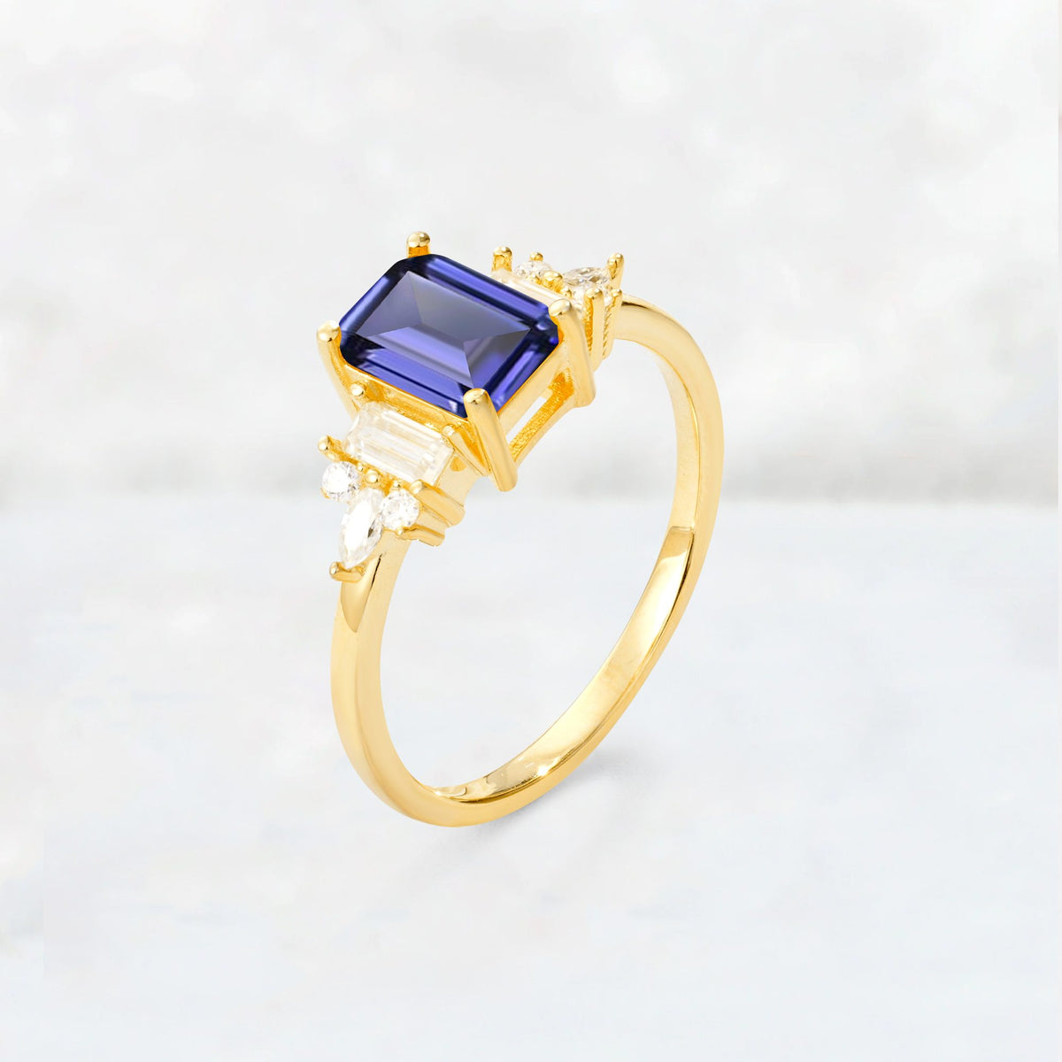 Luxury Emerald Cut Tanzanite Cluster Engagement Ring - Additional view